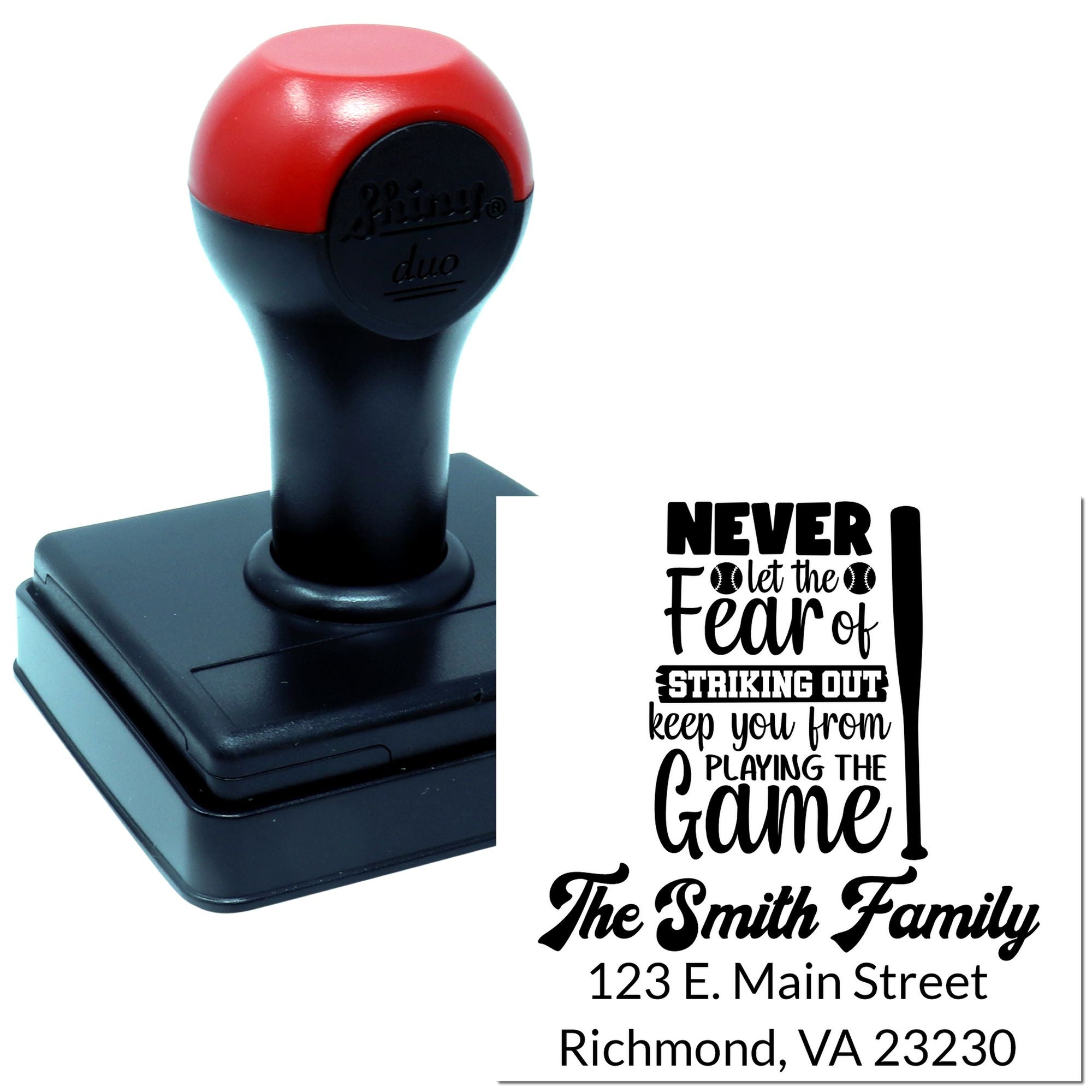 Custom self-inking rubber stamp with baseball quote, family name, and personalized address for mailing or gifting.