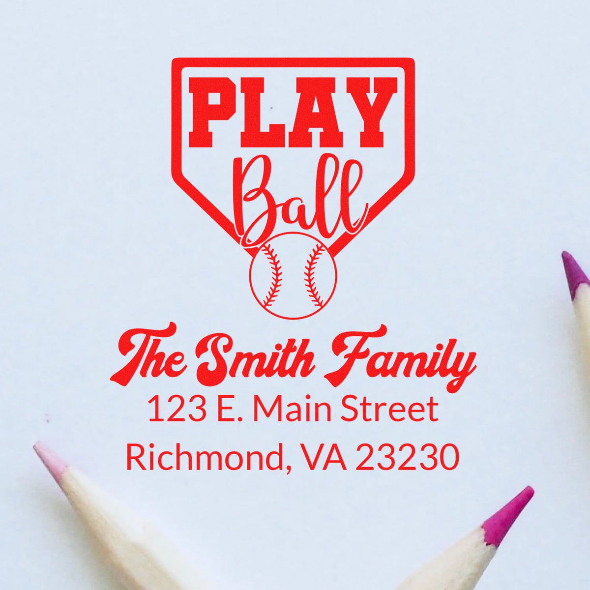 Custom baseball rubber stamp for The Smith Family, featuring a Play Ball design with return address for personalized stationery.