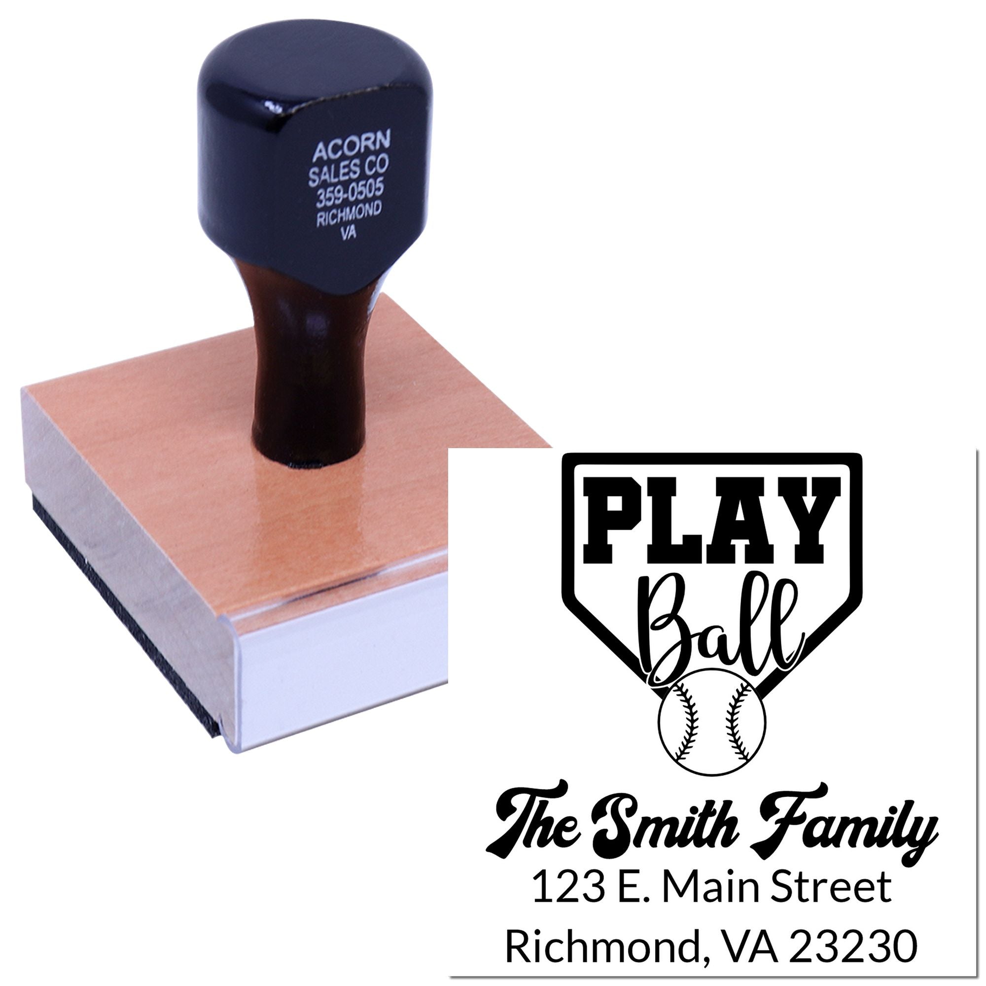 Custom baseball rubber stamp with Play Ball design and family address, shown on a wood block for personalized stamping.