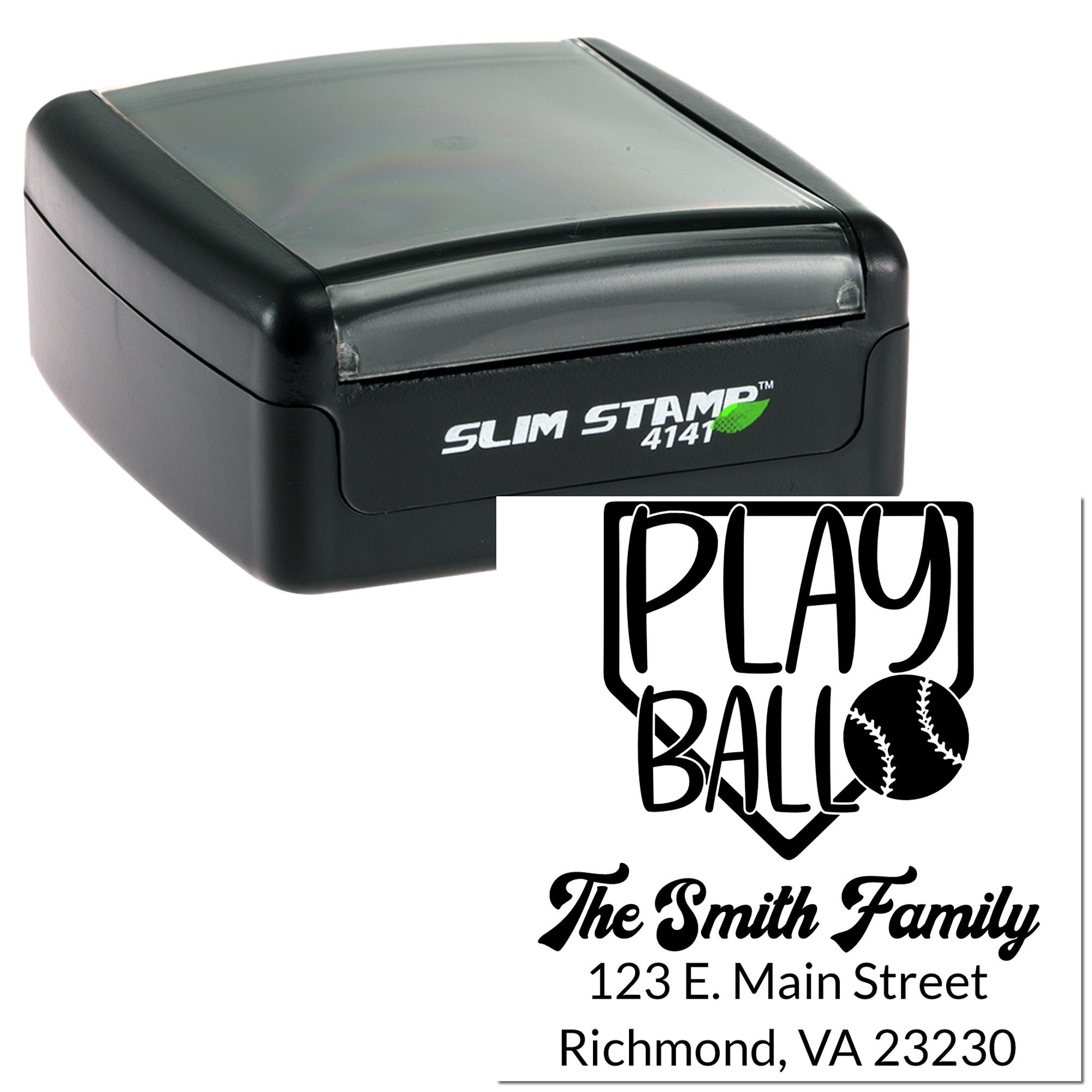 Custom baseball-themed self-inking rubber stamp with Play Ball design, Smith family name, and Richmond, VA address