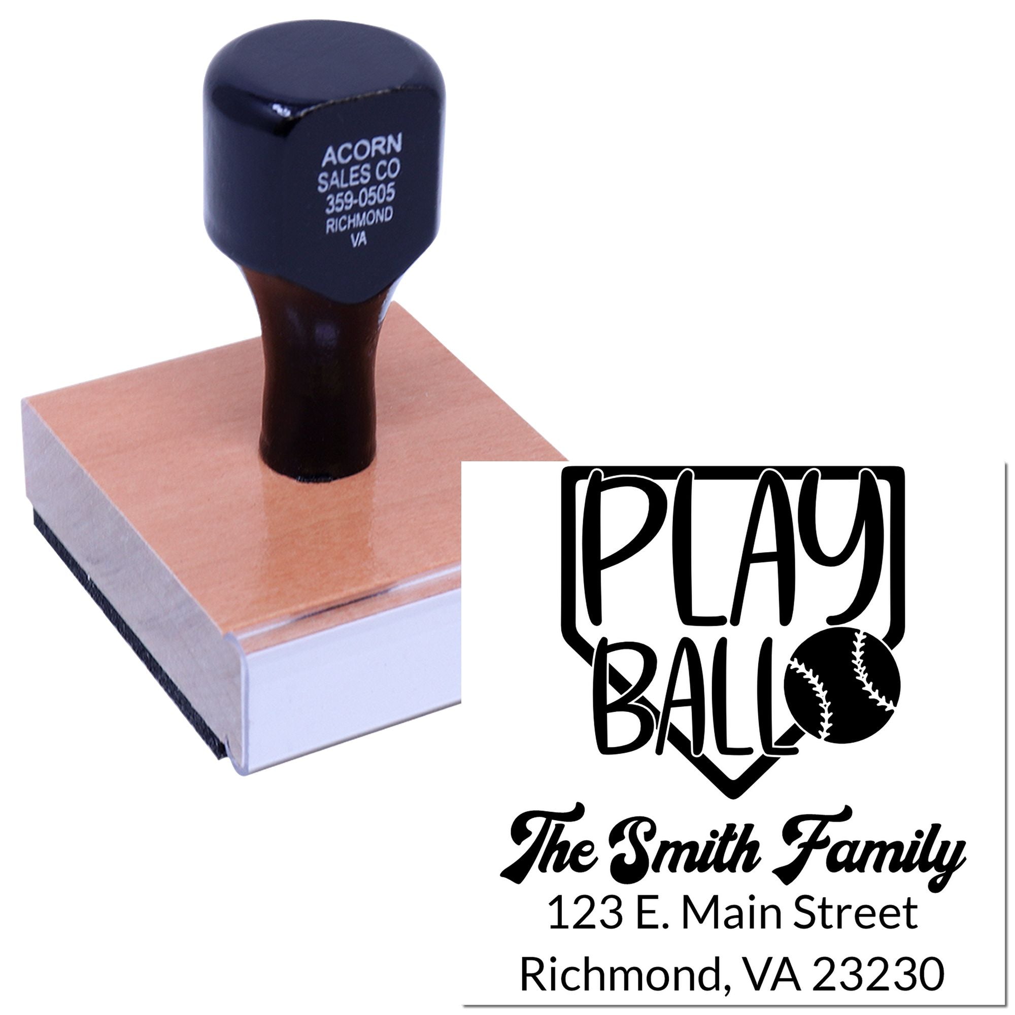 Custom baseball family address rubber stamp with Play Ball design and Richmond, VA address for personalized mailings.
