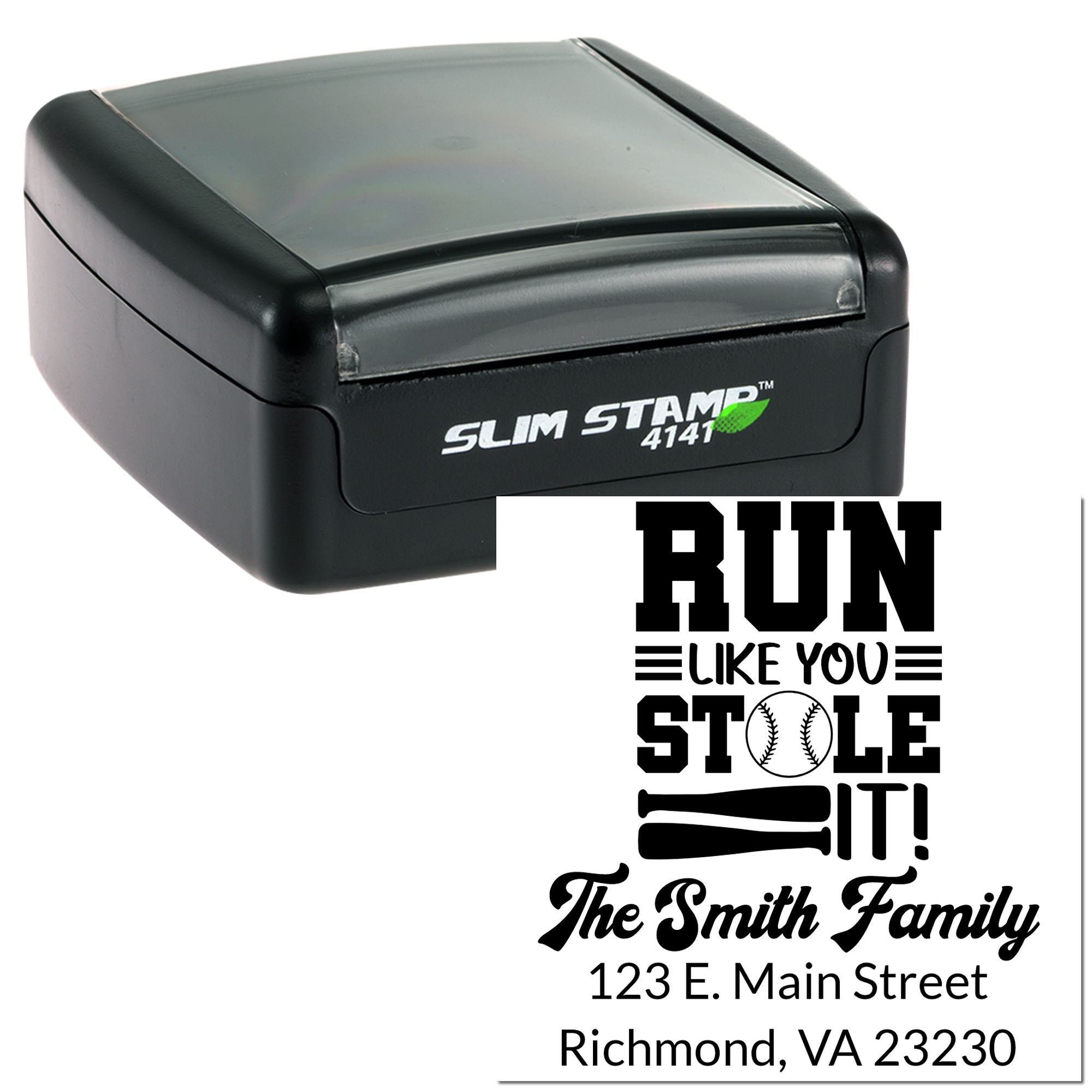 Personalized self-inking rubber stamp with baseball-themed family return address design for The Smith Family, Richmond, VA.