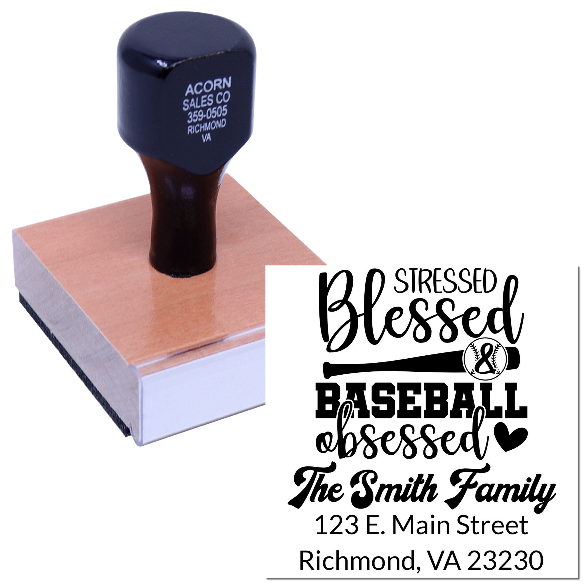 Custom baseball-obsessed family address rubber stamp with personalized return address, ideal for sports-themed mailings.