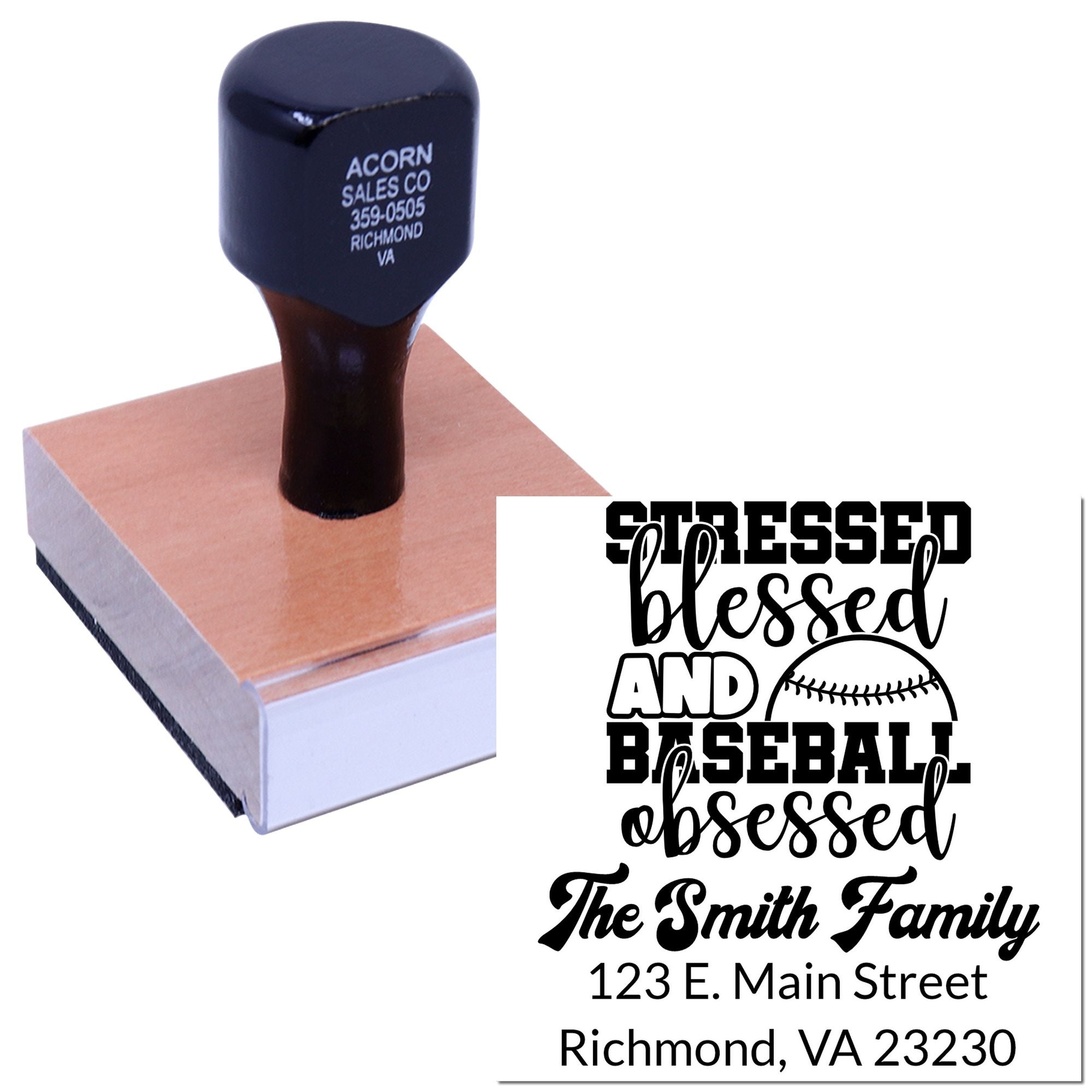 Custom rubber address stamp with Stressed, Blessed and Baseball Obsessed design for personalized family mailings.
