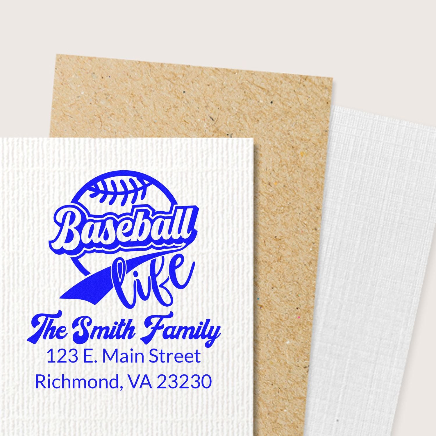 Custom Baseball Life personalized rubber stamp with family name and address, perfect for sports-themed stationery and mailings.