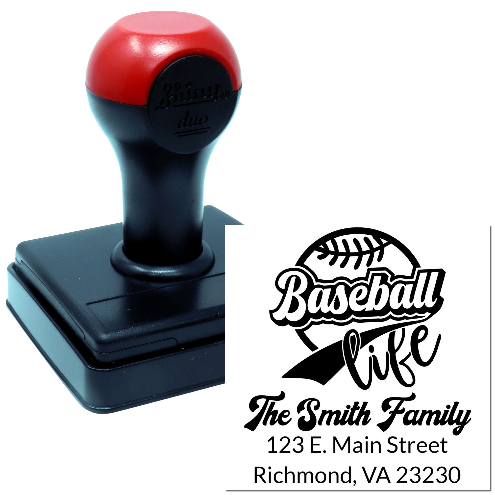 Custom self-inking rubber stamp with baseball life design and Smith family address imprint for personalized sports stationery.