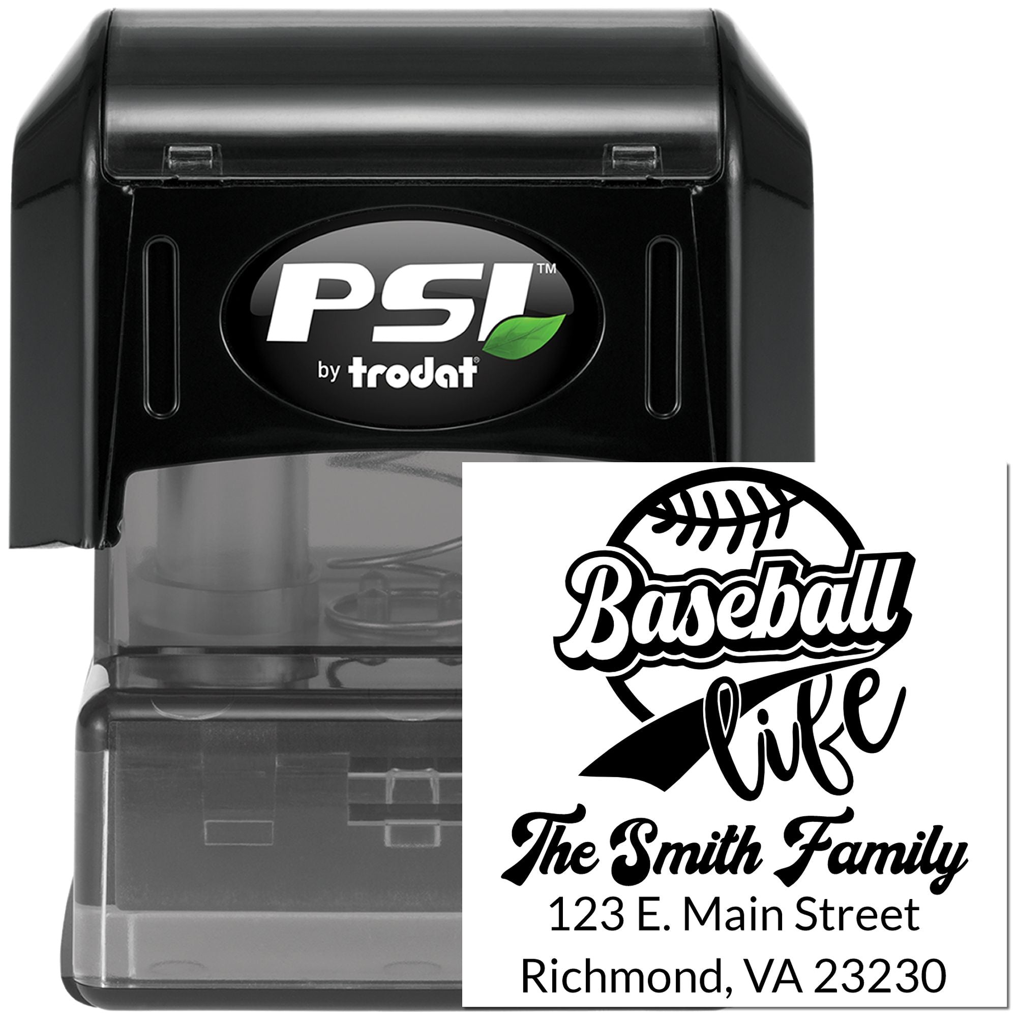 PSI by Trodat self-inking rubber stamp with custom baseball family address design for personalized home or team mailing.