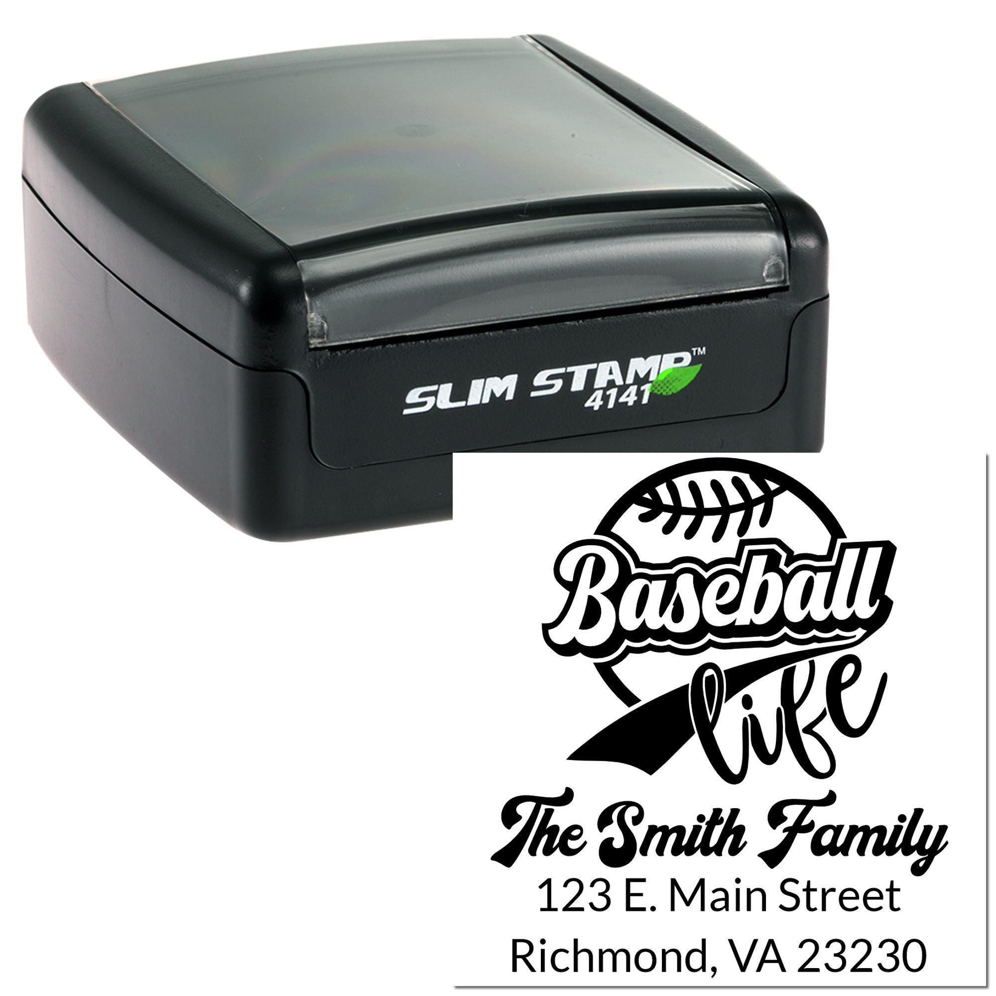 Custom self-inking rubber address stamp with baseball life design for The Smith Family, Richmond, VA.