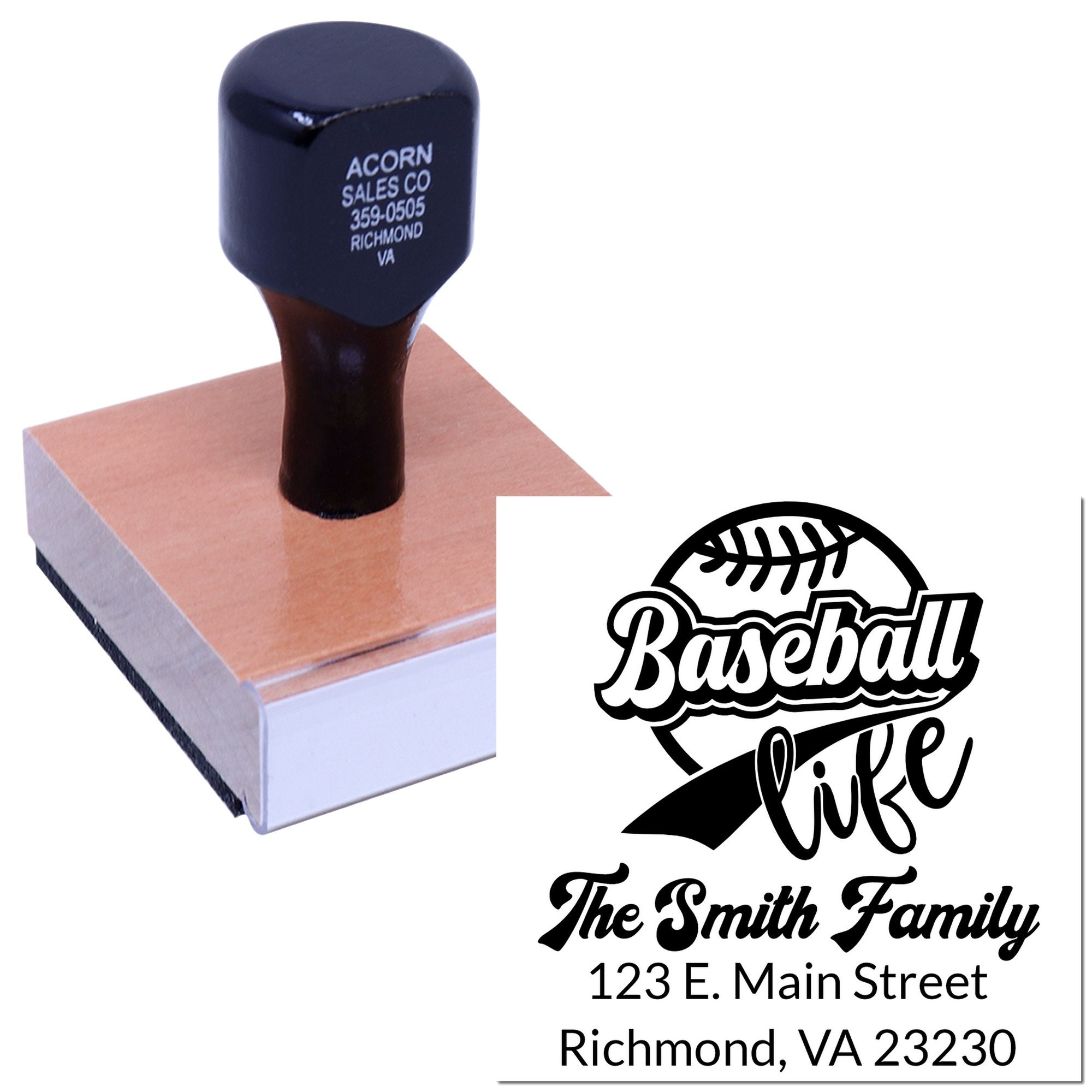 Custom baseball life rubber stamp with family name and address, ideal for personalized sports-themed mailing and labeling.