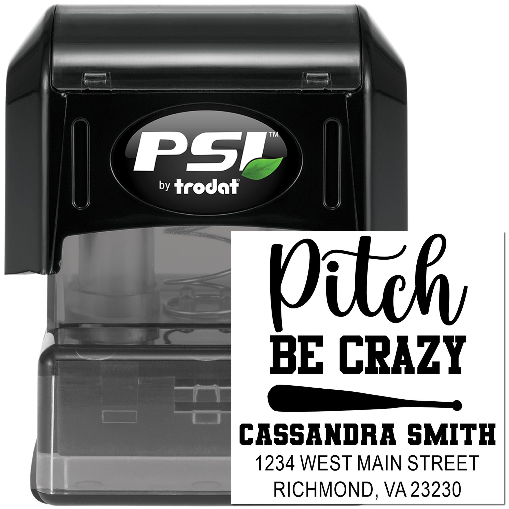 PSI by Trodat self-inking return address rubber stamp with Pitch Be Crazy baseball design and custom name/address.