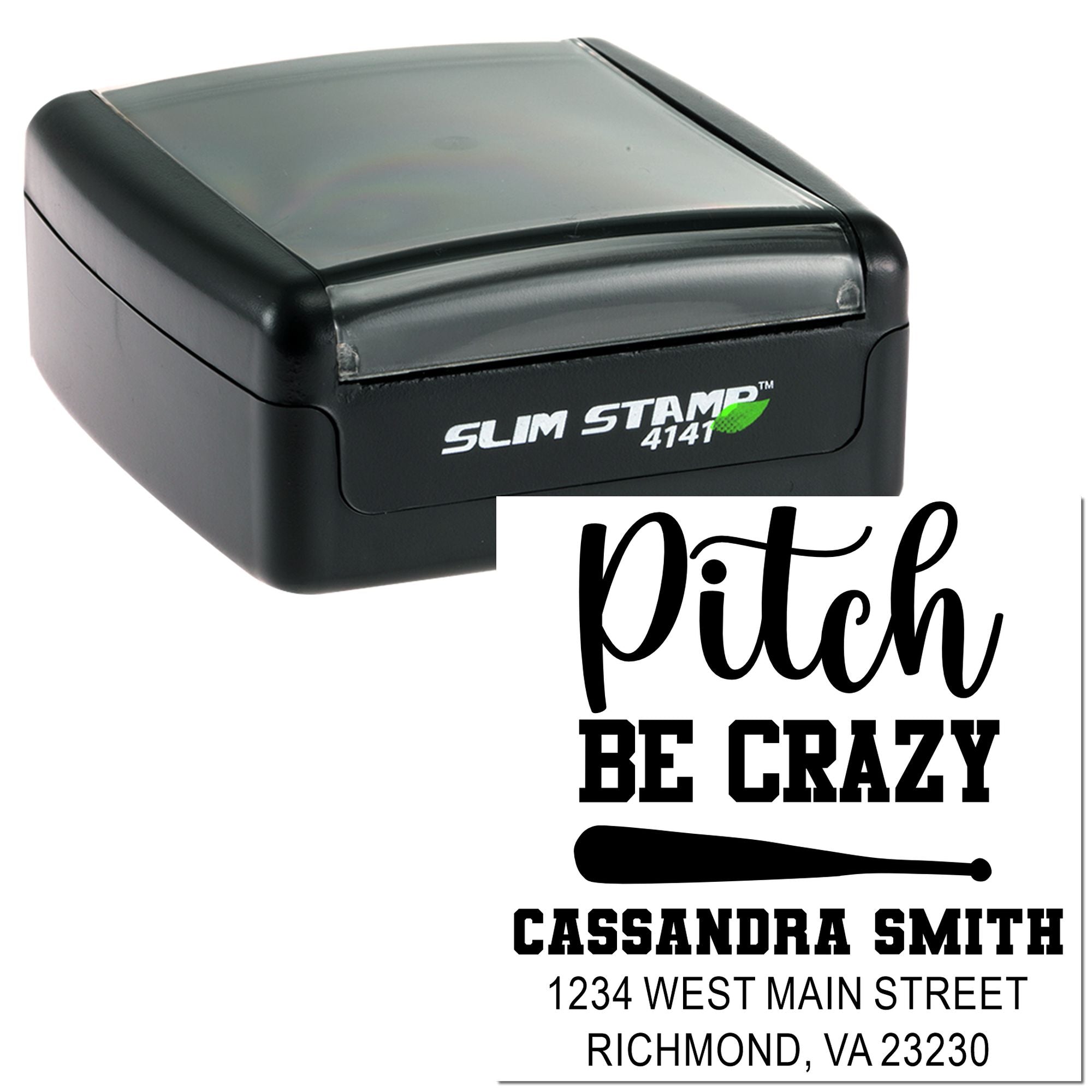 Custom self-inking rubber stamp with personalized Pitch Be Crazy logo, name, and return address for business branding.