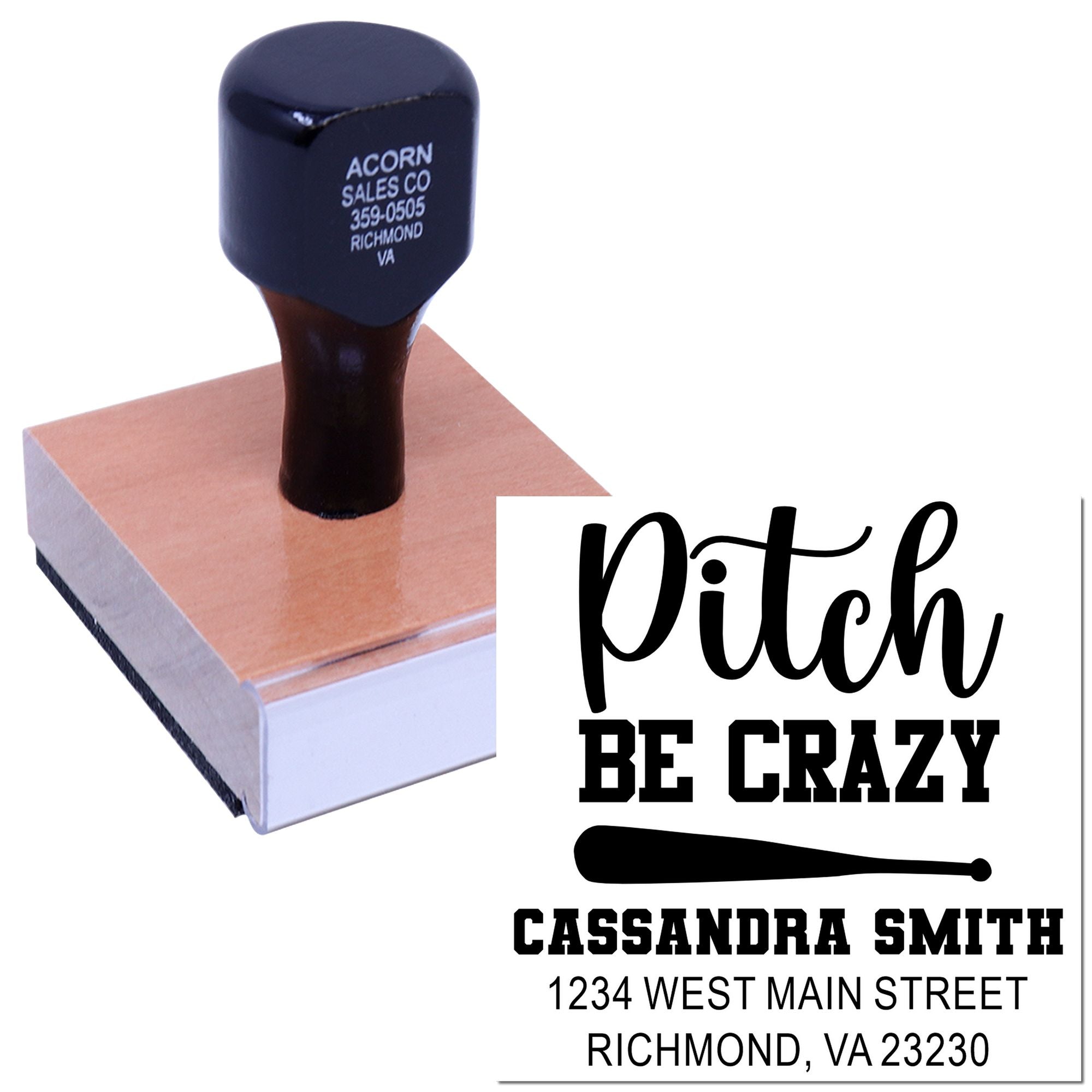Personalized custom rubber address stamp showing business name, slogan, and mailing address for envelopes and branding.