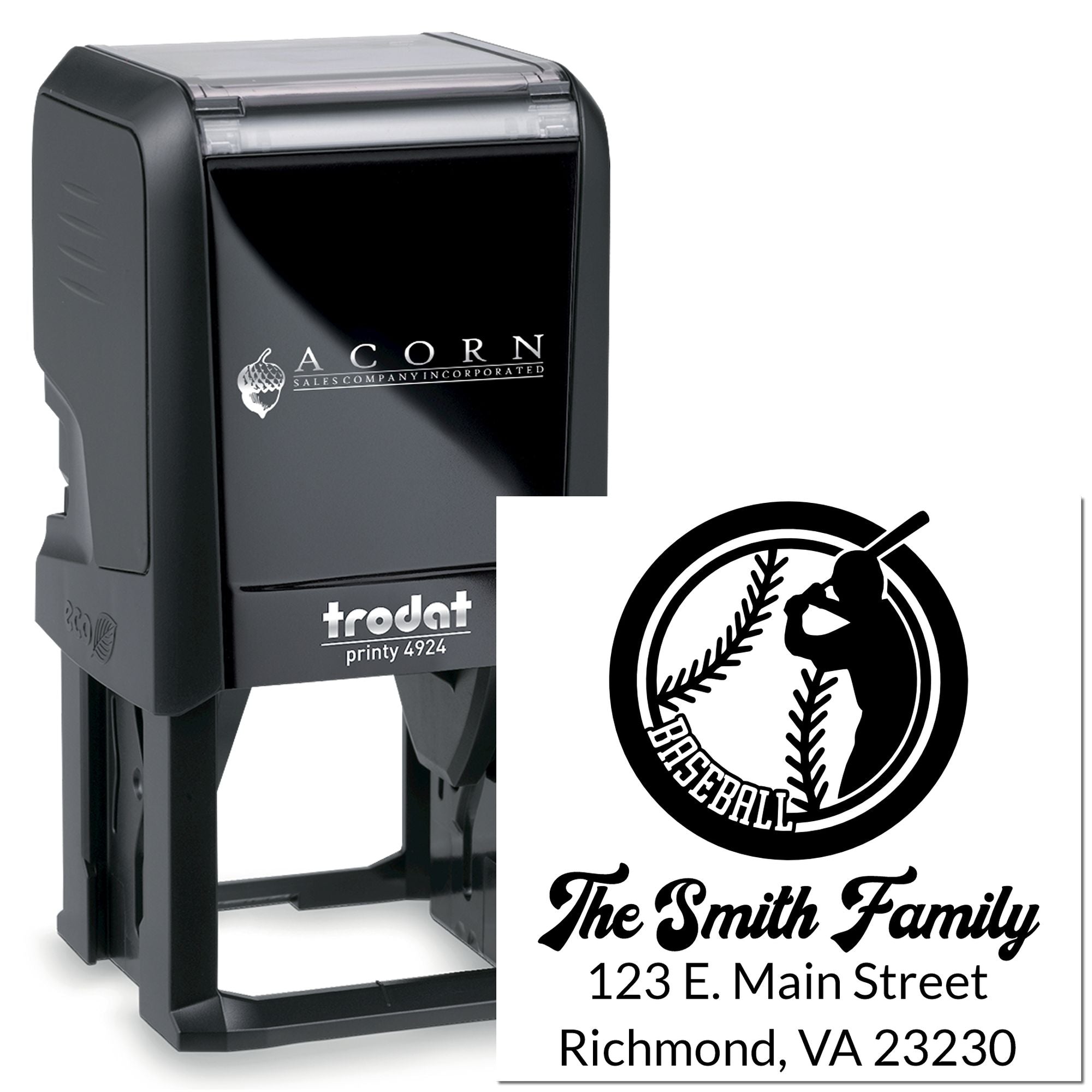 Custom self-inking rubber stamp for baseball family return address, Trodat Printy 4924.