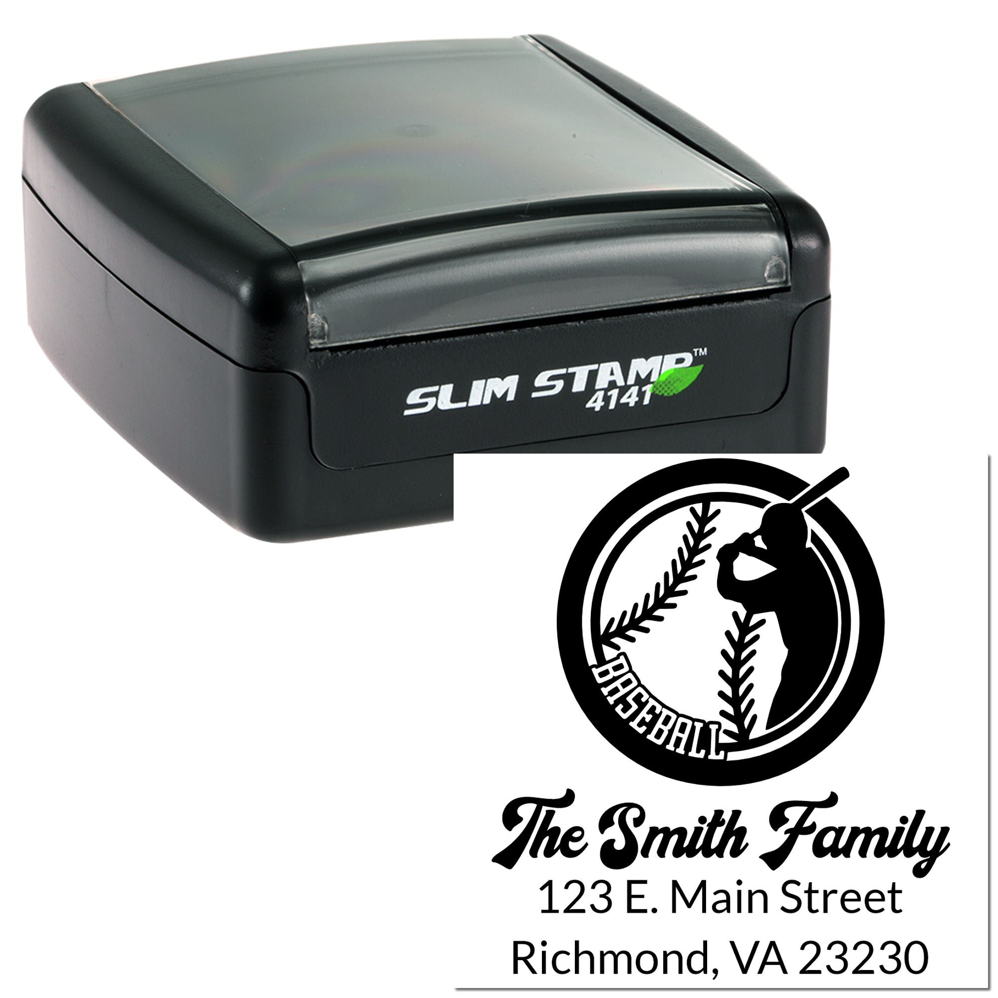 Baseball custom self-inking rubber stamp with family name and address, shown in Slim Stamp 4141 case.