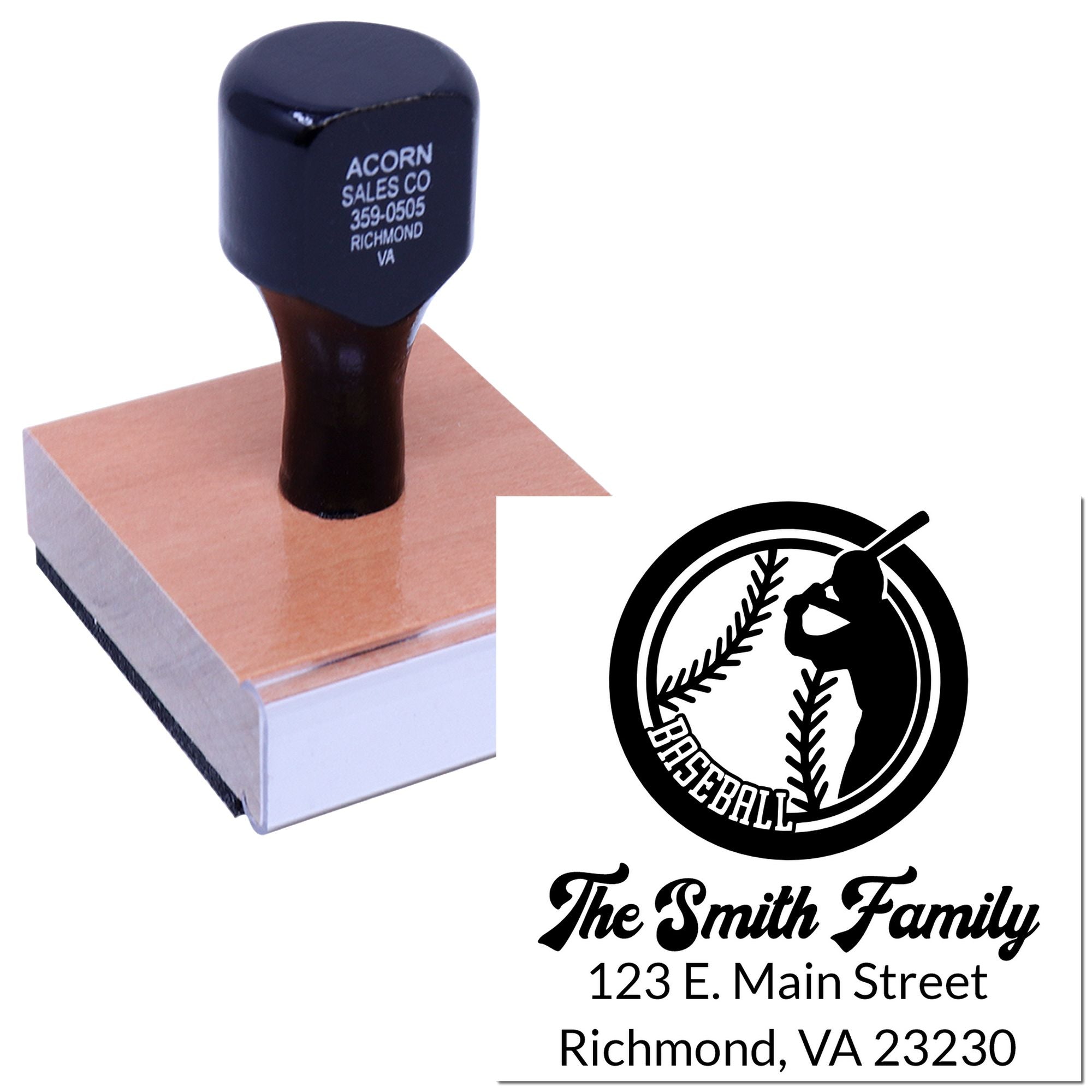 Custom baseball return address rubber stamp for The Smith Family, Richmond, VA 23230