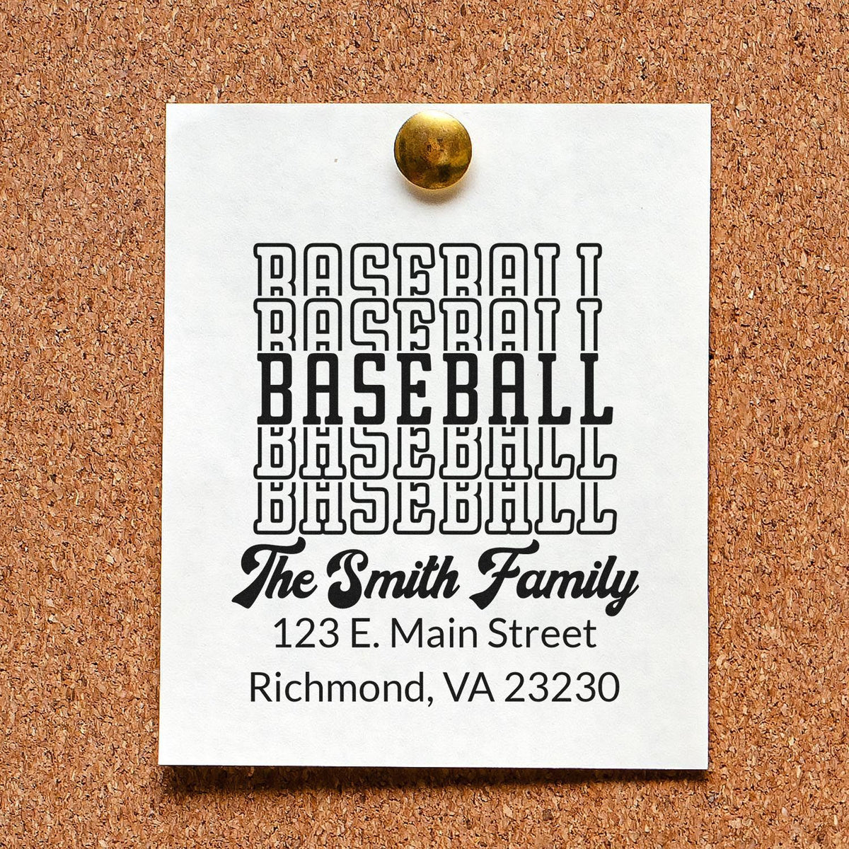 Personalized baseball rubber stamp return address design for The Smith Family, featuring name, street address, and Richmond, VA.