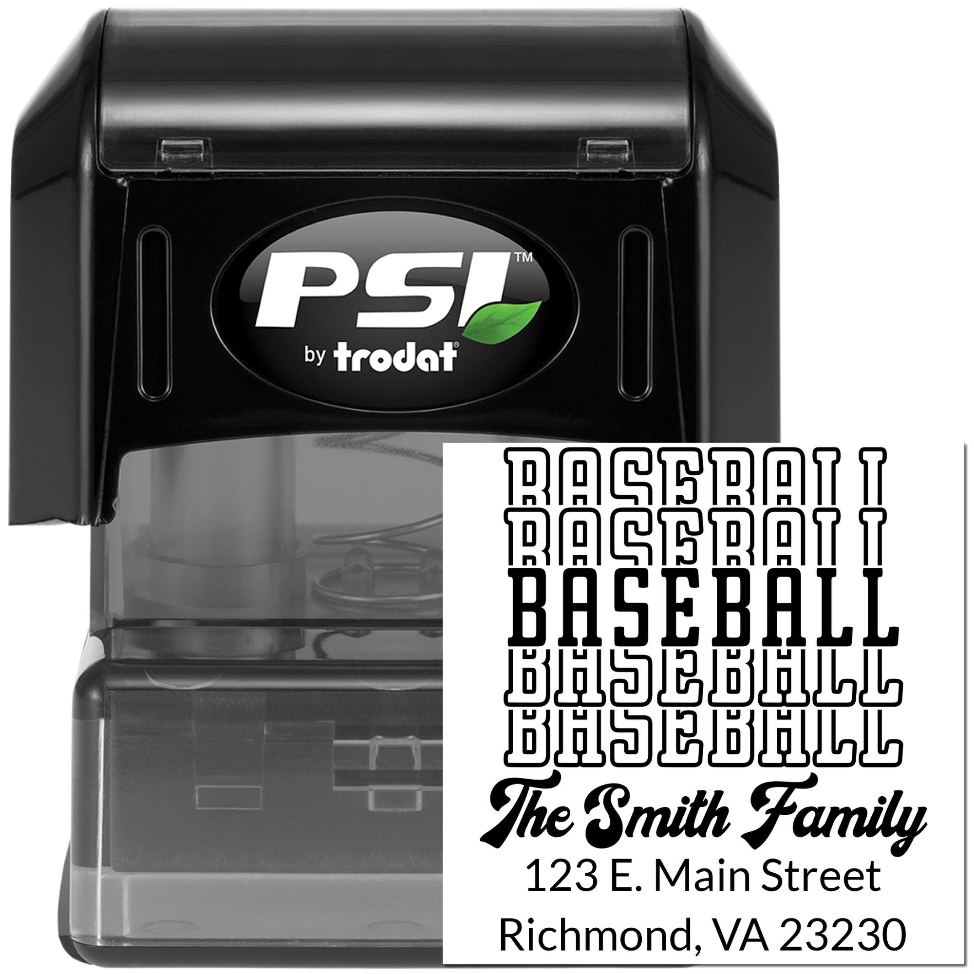 Custom baseball return address rubber stamp, PSI by Trodat self-inking stamp for The Smith Family.