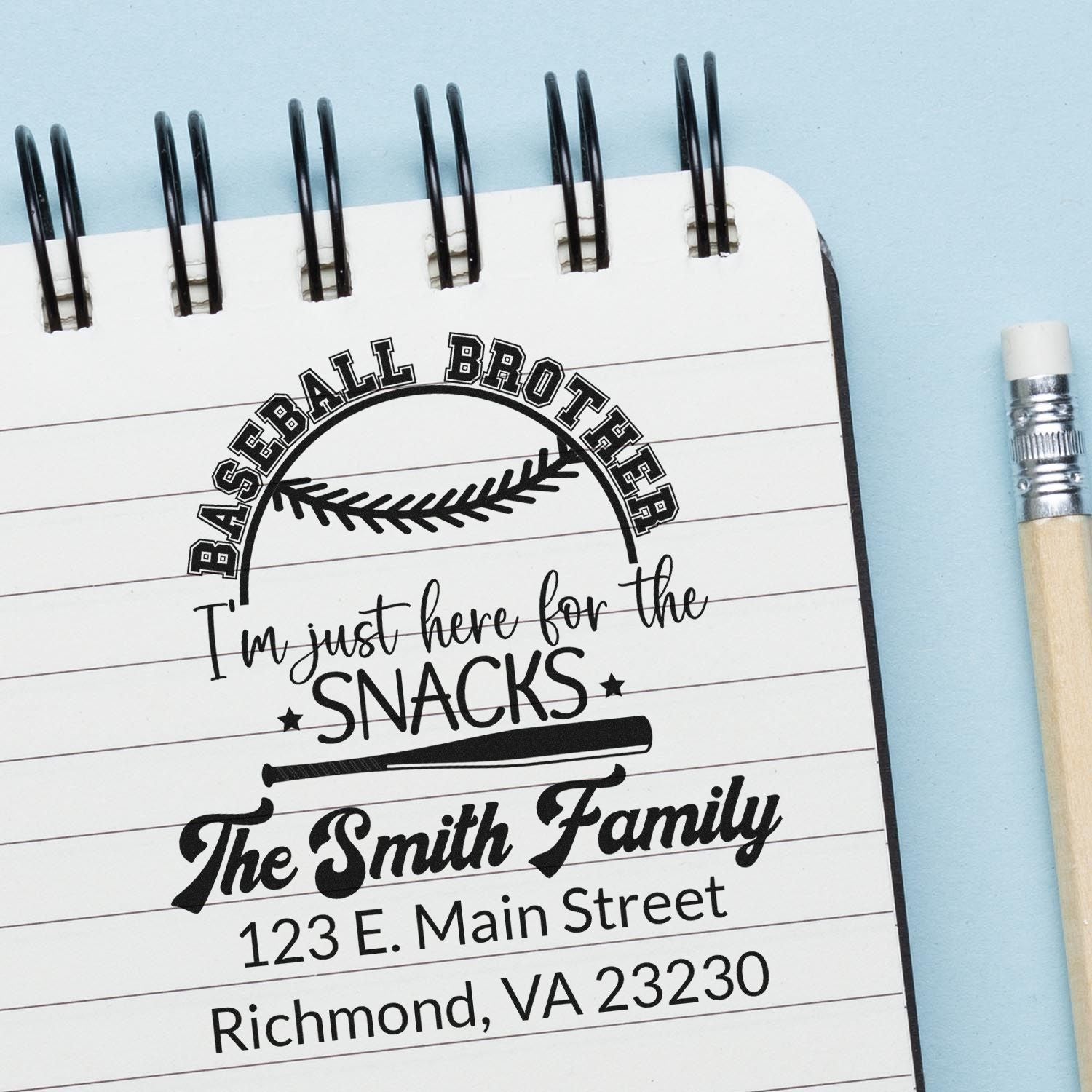 Custom baseball brother return address rubber stamp with personalized family name and snack-themed baseball design.