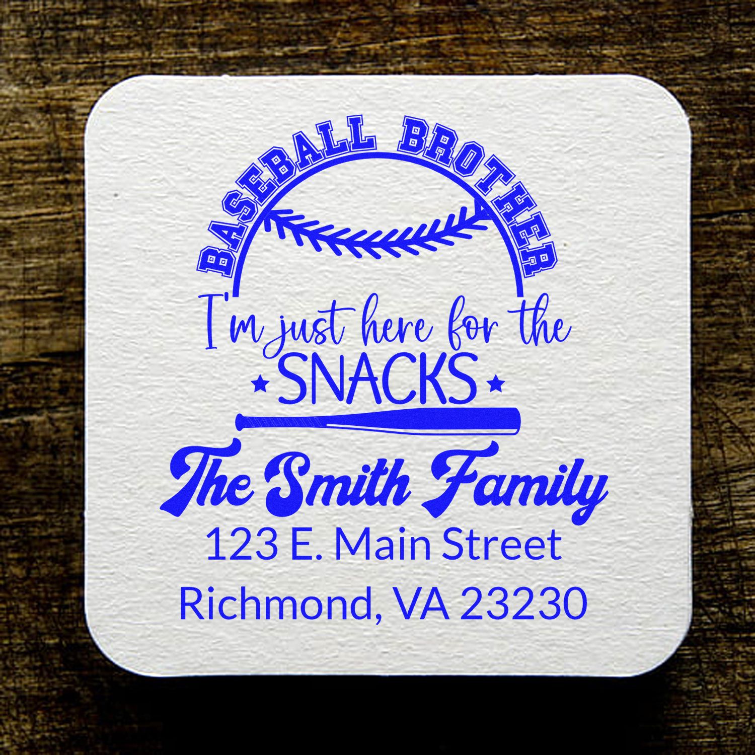Custom baseball brother rubber stamp with Im just here for the snacks, family name, and address for personalized stationery.