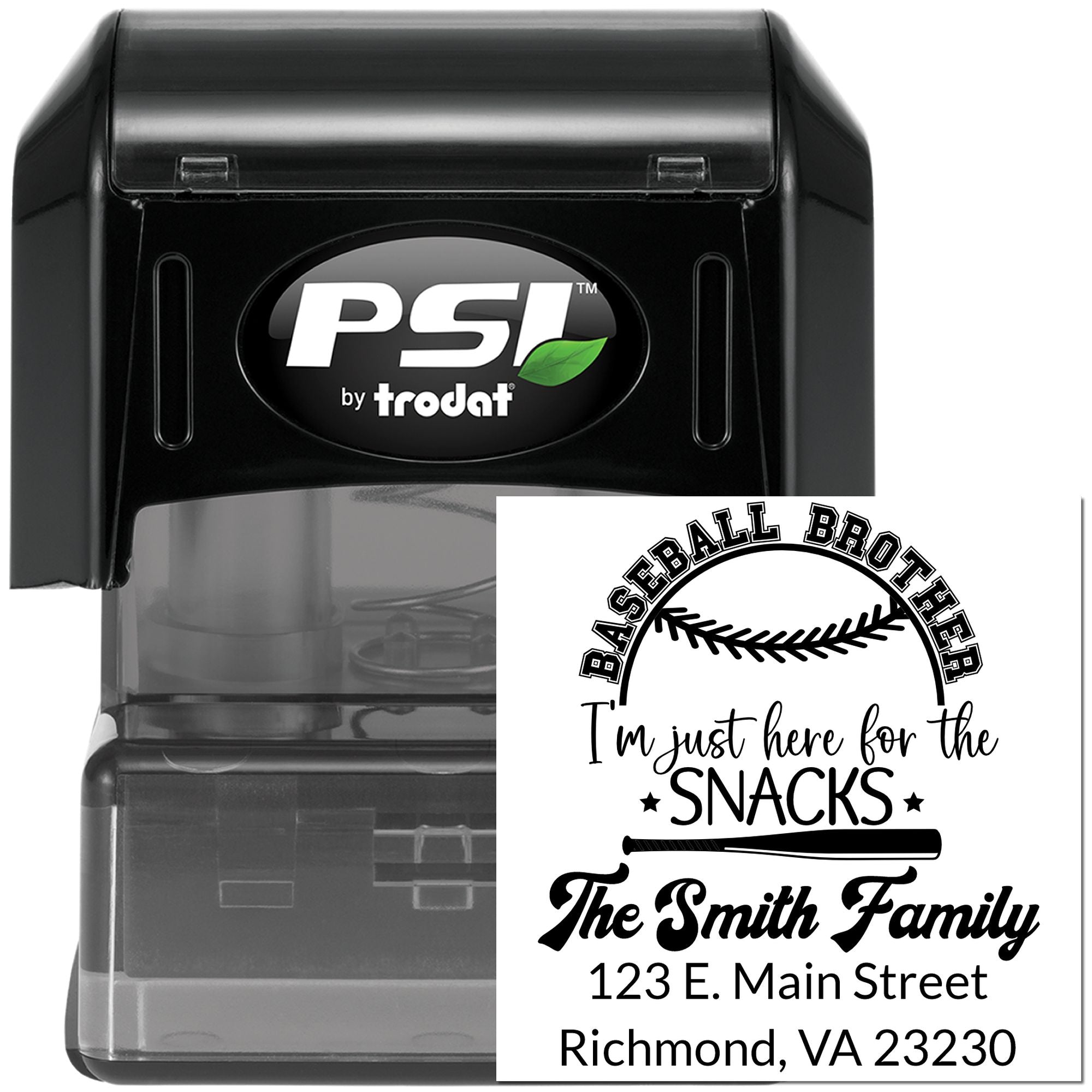 Personalized baseball-themed self-inking rubber stamp with family address and Im just here for the snacks quote.