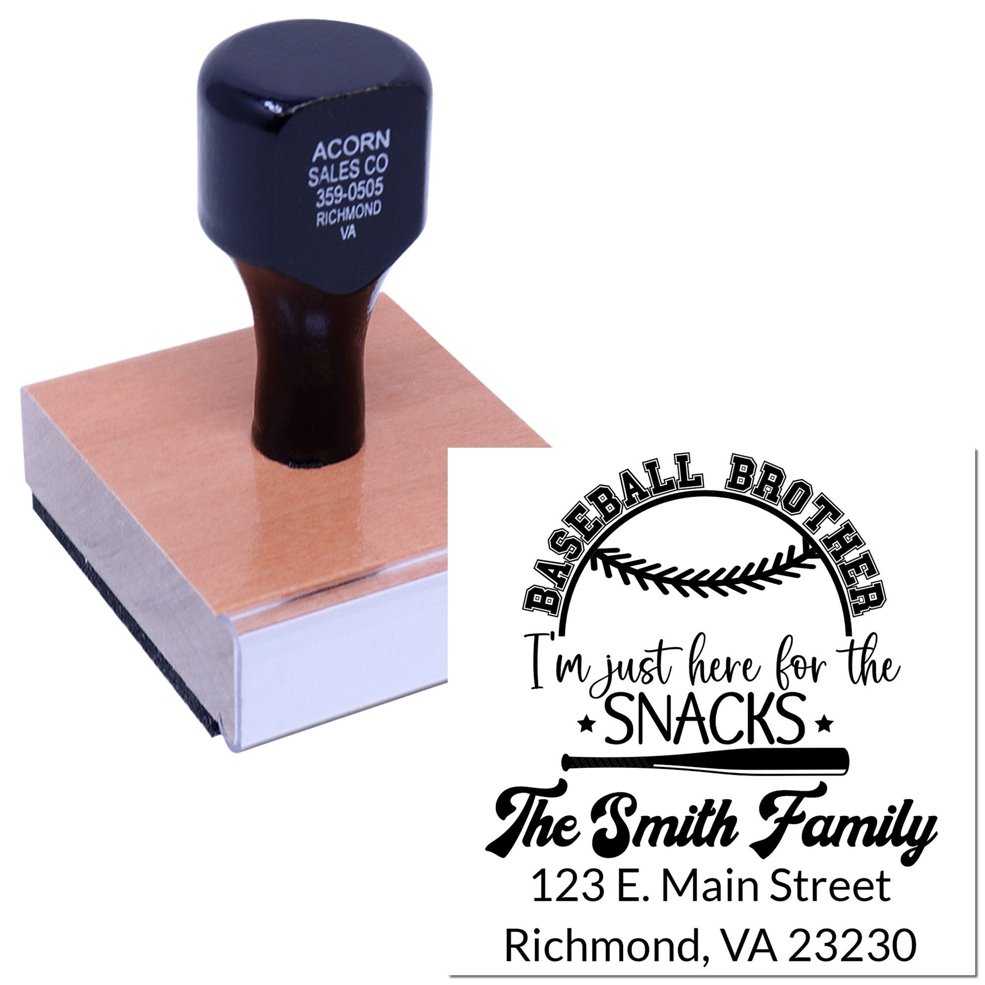 Custom self-inking rubber stamp for a baseball brother snack-themed family address stamp, The Smith Family, Richmond, VA.