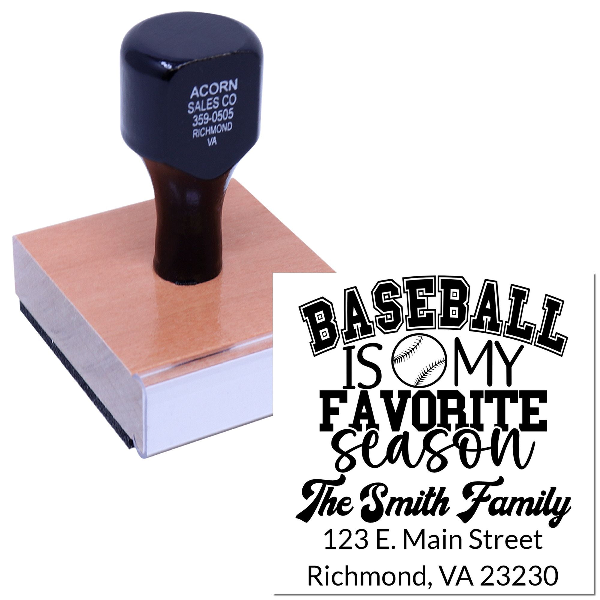 Custom baseball rubber stamp featuring Baseball Is My Favorite Season with personalized name and address for sports-themed crafting.