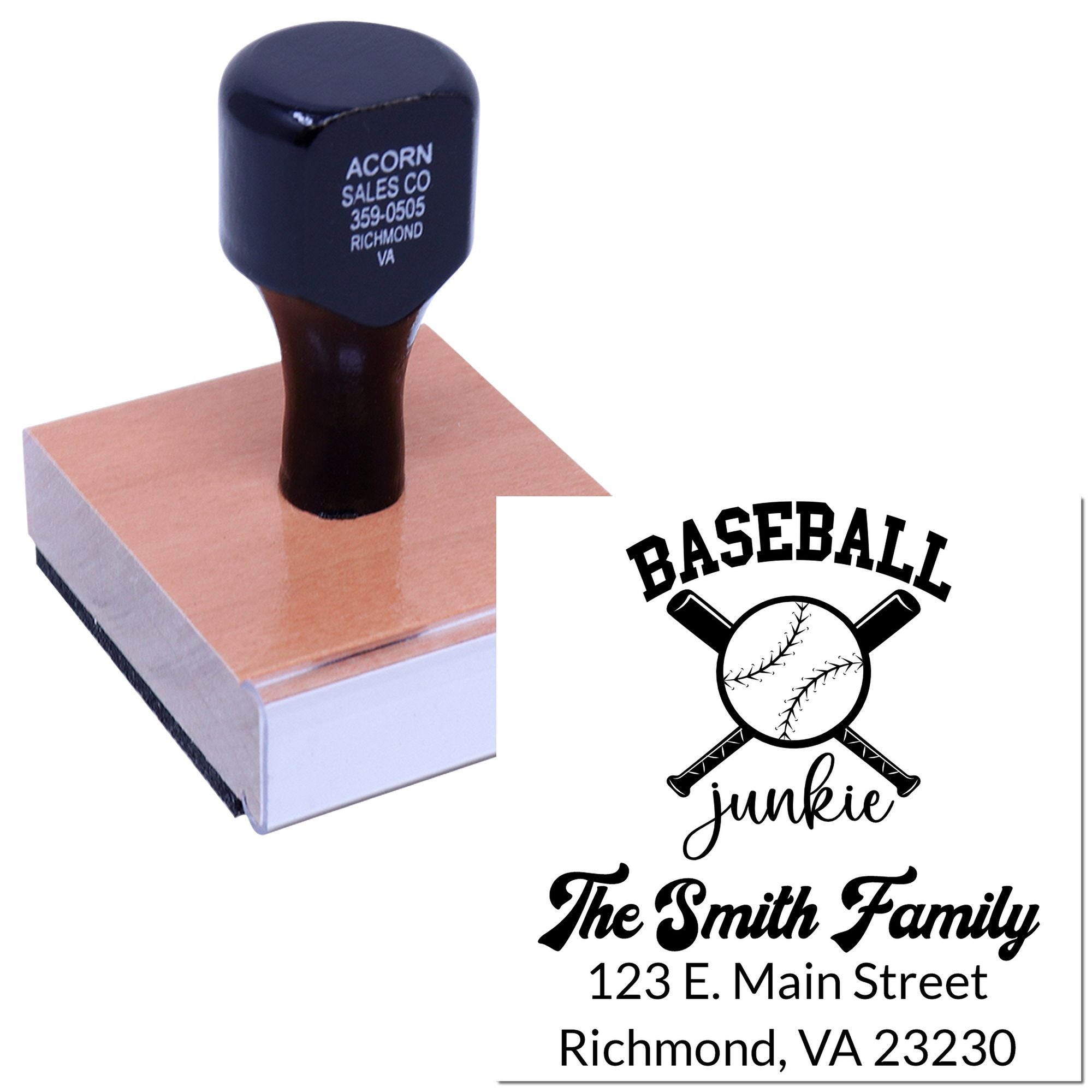 Custom rubber address stamp for baseball families, shown with ink pad and personalized return address imprint.