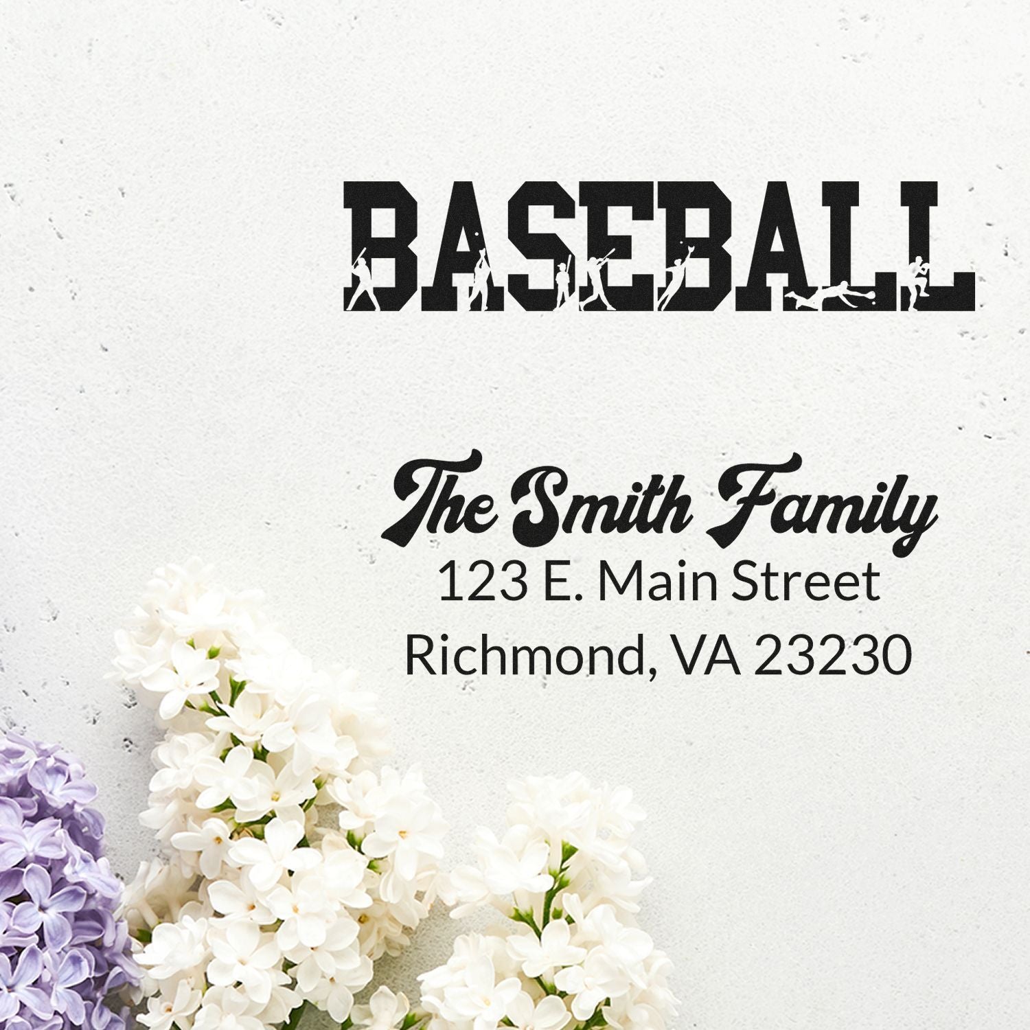 Custom baseball family return address rubber stamp with sporty baseball design, The Smith Family name, and Richmond, VA address.