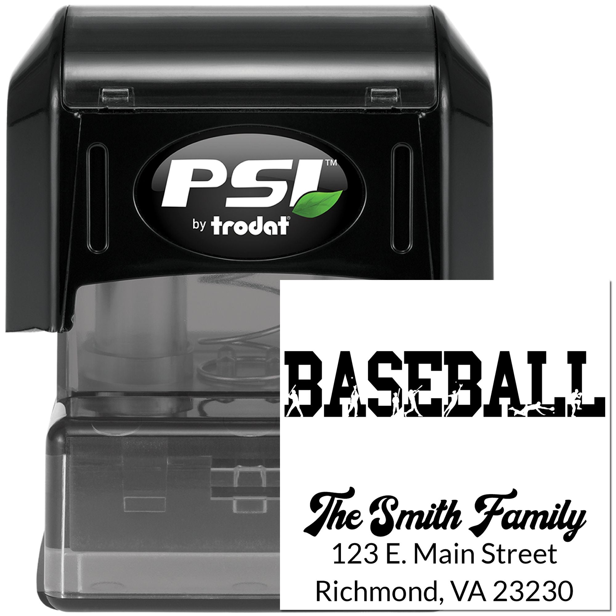 PSI by Trodat self-inking rubber stamp with custom baseball and family address stamp designs