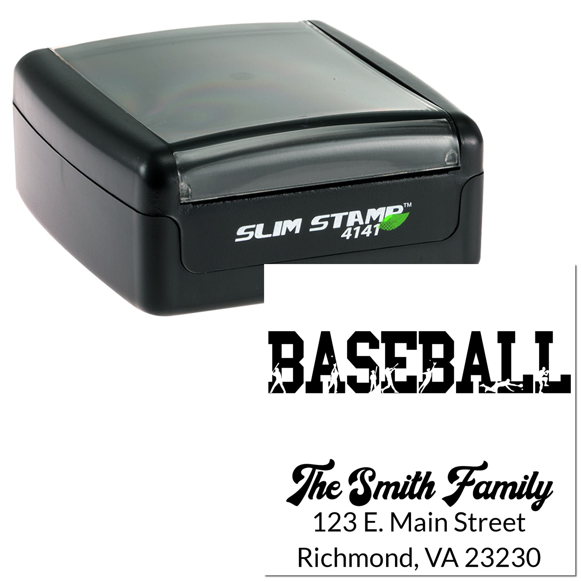 Slim Stamp 4141 self-inking custom rubber stamp with baseball and family address imprint examples for personalized use.
