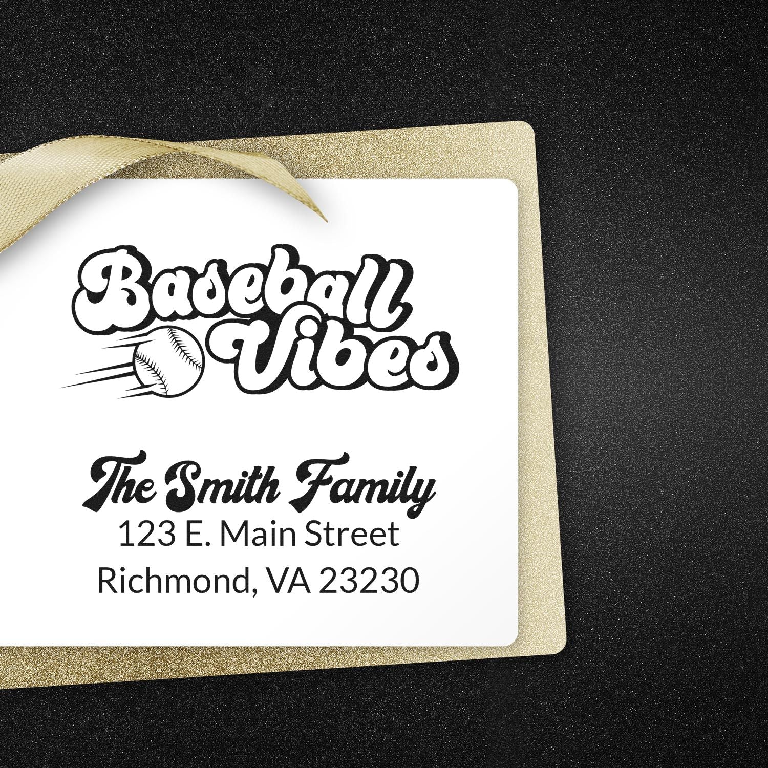 Baseball-themed custom rubber stamp with family name and address for personalized return mailing and sports fan stationery.