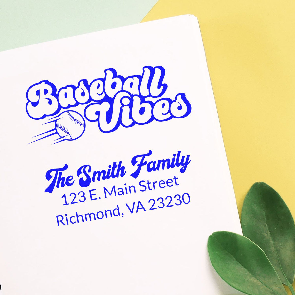 Custom baseball vibes rubber stamp mockup with family name and address for personalized return addressing.
