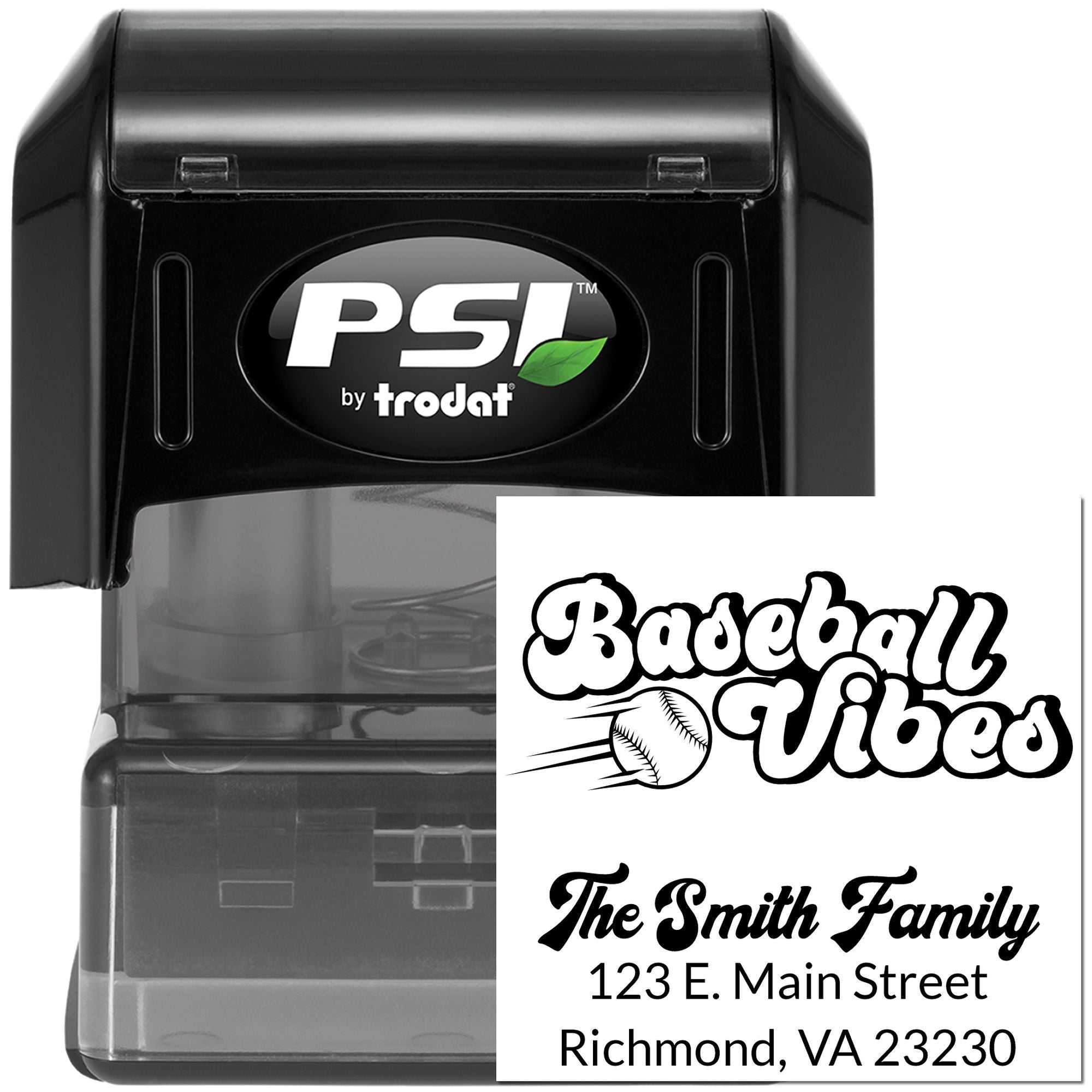 PSI by Trodat self-inking custom rubber stamp with baseball logo and family address stamp examples