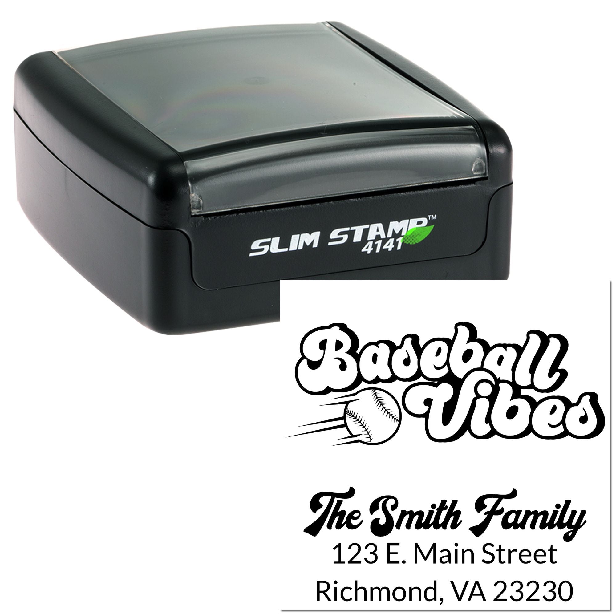 Self-inking slim rubber stamp with custom baseball-themed return address design for The Smith Family.
