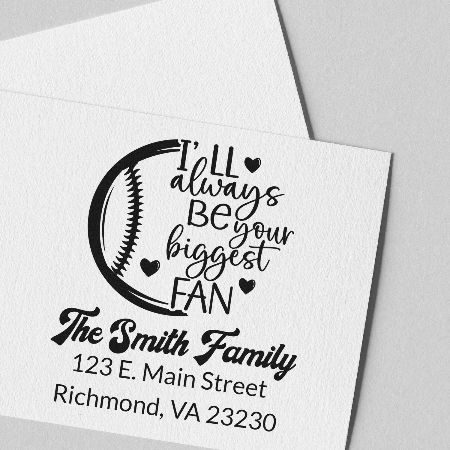 Personalized baseball return address rubber stamp for The Smith Family with Ill always be your biggest fan design.