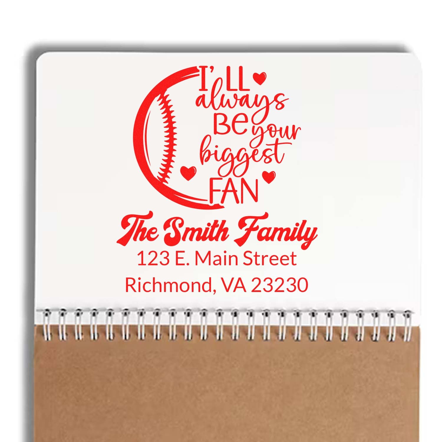 Personalized baseball fan rubber stamp with family name and address for custom stationery or gift labeling.