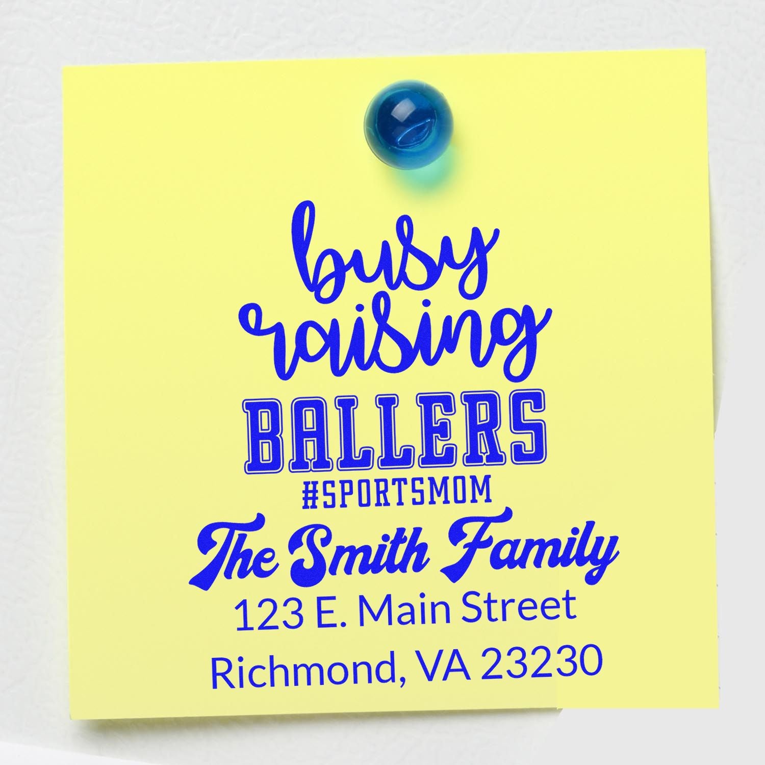 Custom rubber stamp design for a sports mom, featuring The Smith Family, address, and Richmond, VA 23230.