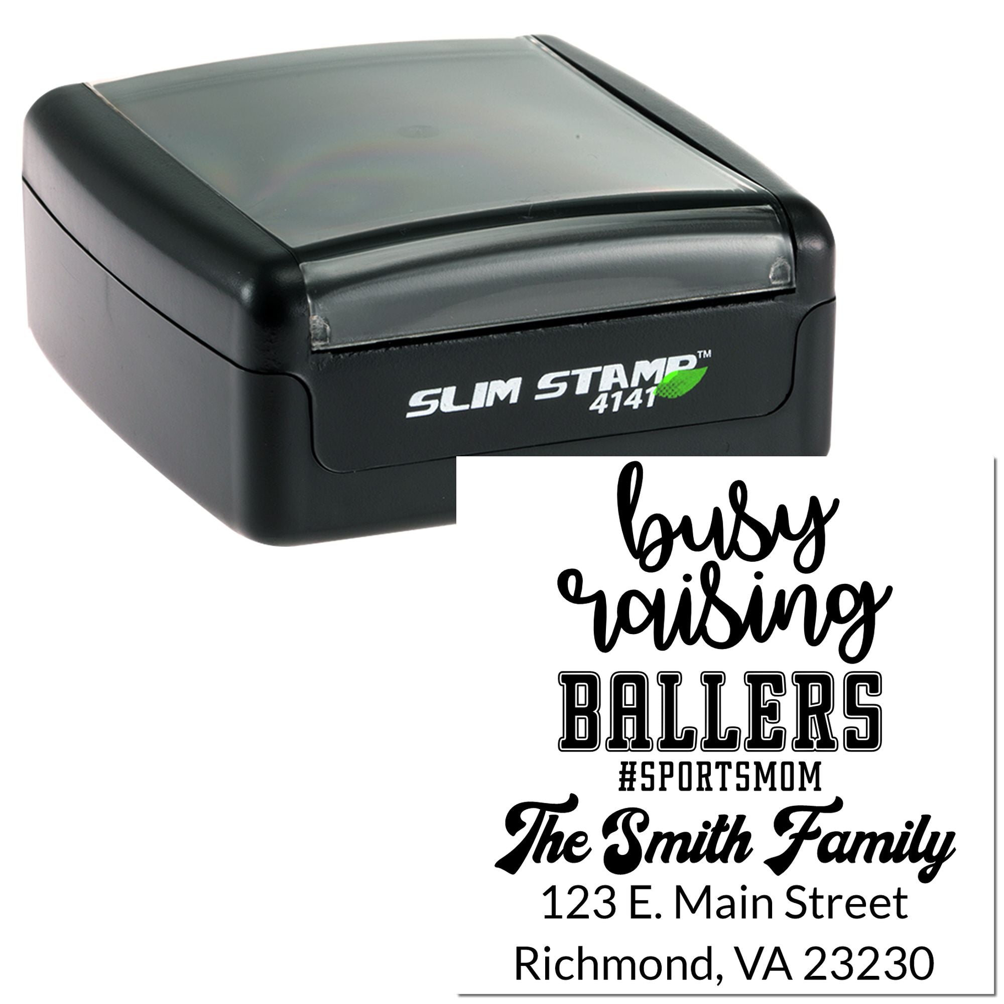 Custom self-inking rubber stamp with sample sports mom, family name, and address imprints for personalized mailing and crafting.