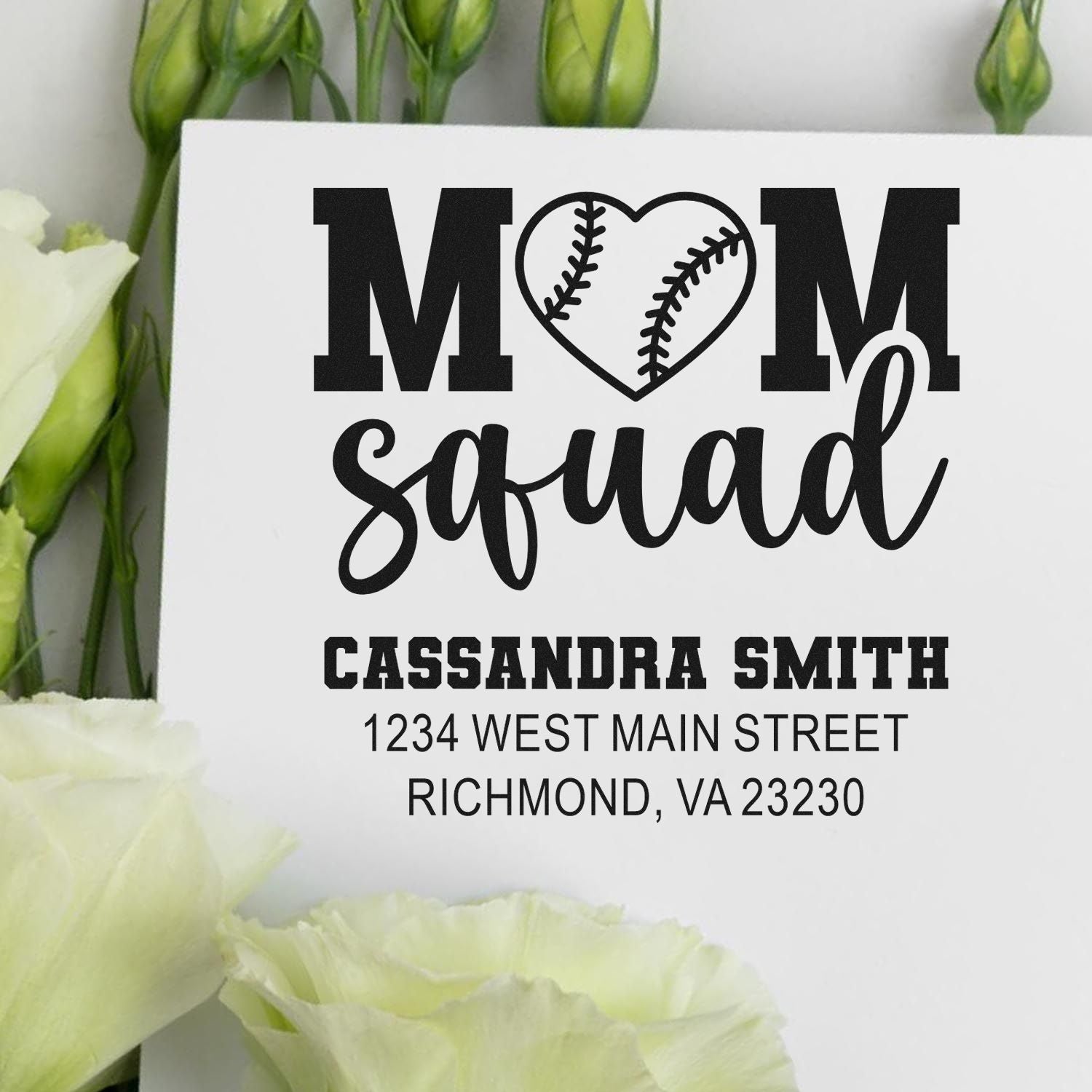 Custom baseball Mom Squad rubber stamp with heart design, personalized name and address for team gifts, crafts, and stationery.