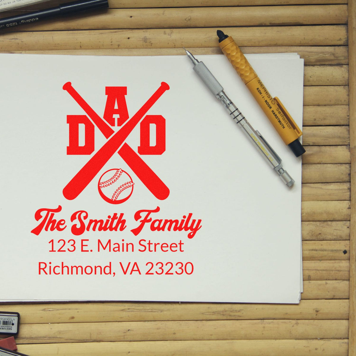 Custom rubber stamp design with baseball monogram and return address for The Smith Family, Richmond, VA 23230.