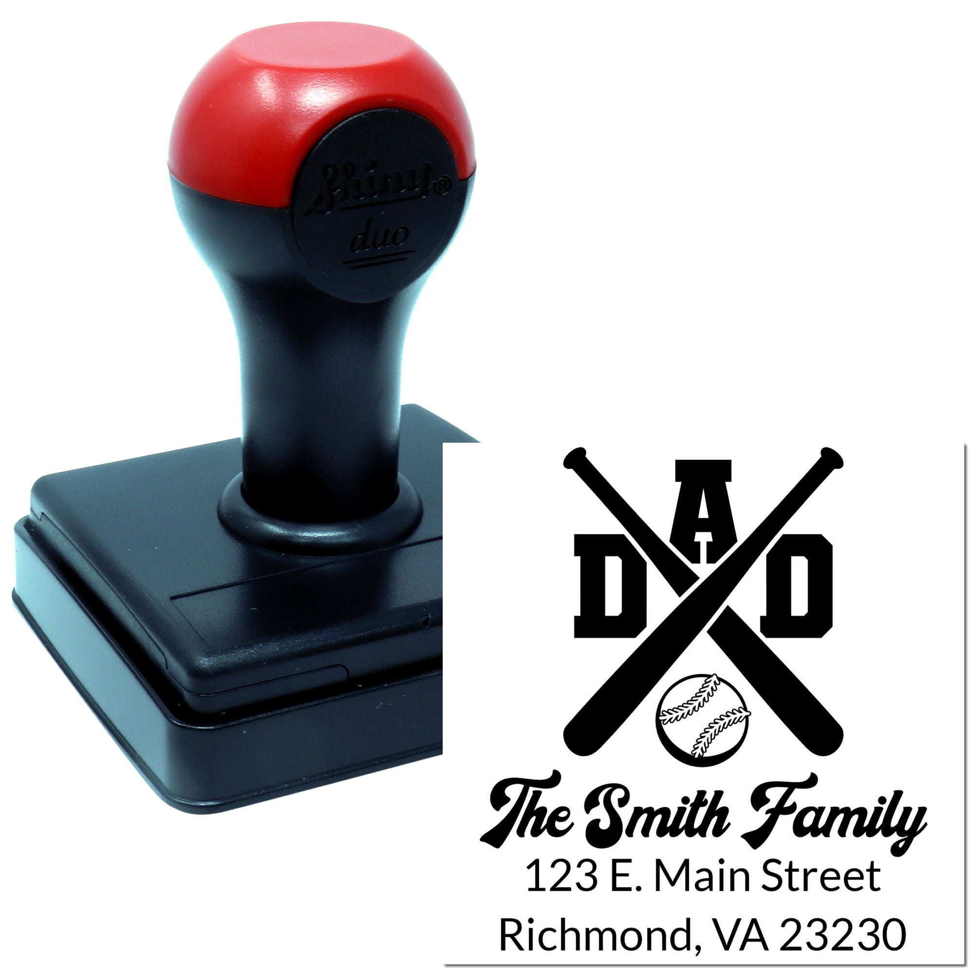 Custom self-inking rubber stamp with baseball family address design for personalized mailings