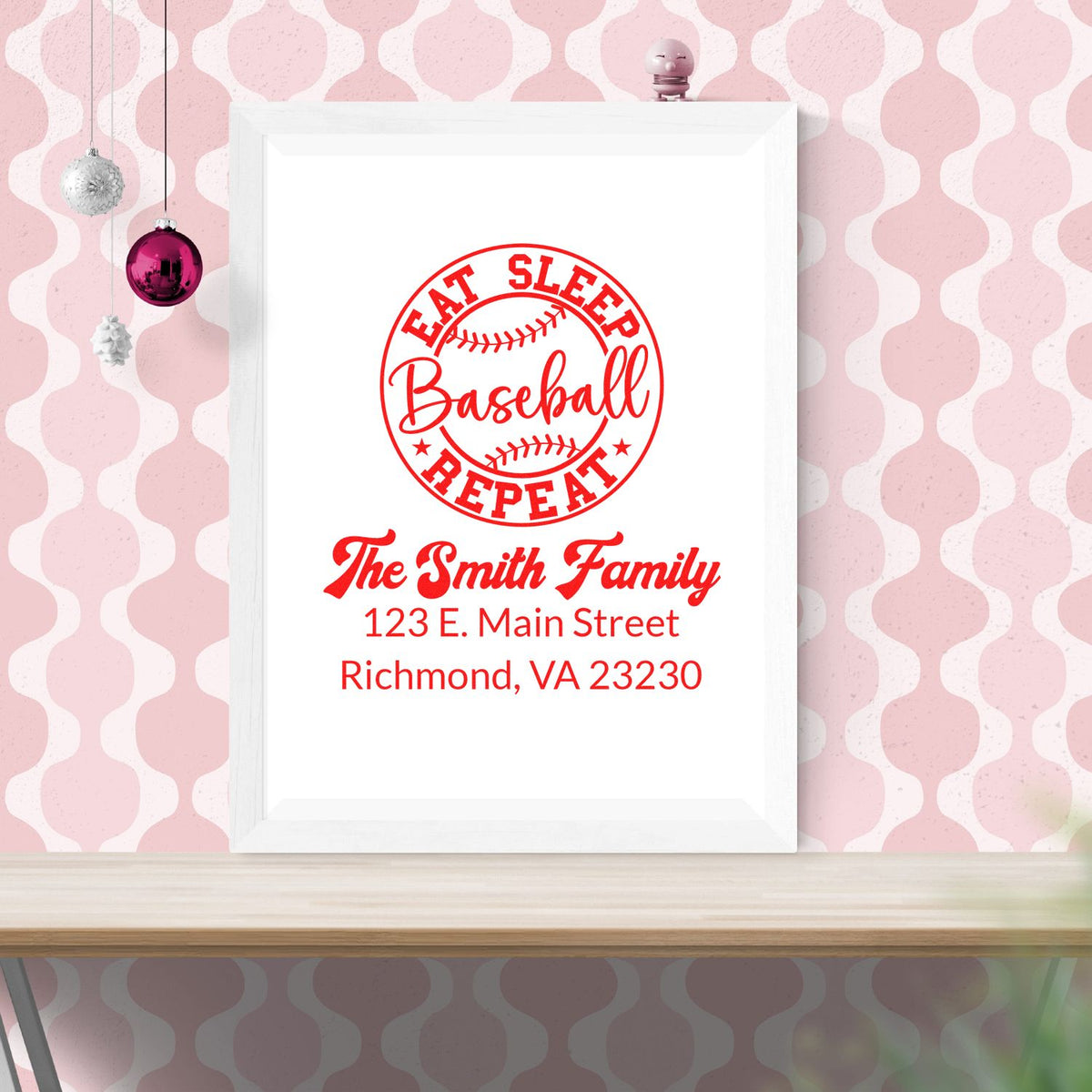 Custom baseball family rubber stamp design with Eat Sleep Baseball Repeat and personalized name and address.