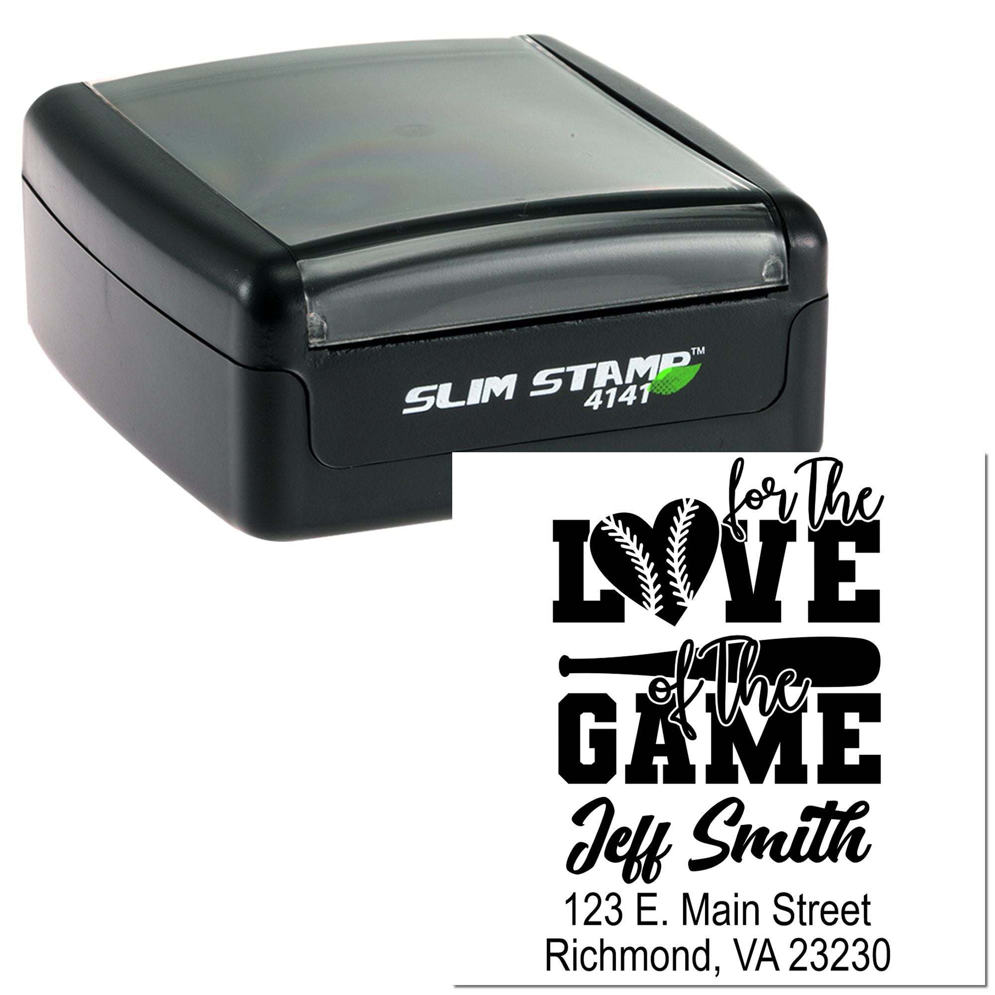 Custom self-inking rubber stamp for baseball fans, featuring for the love of the game design, name, and address.