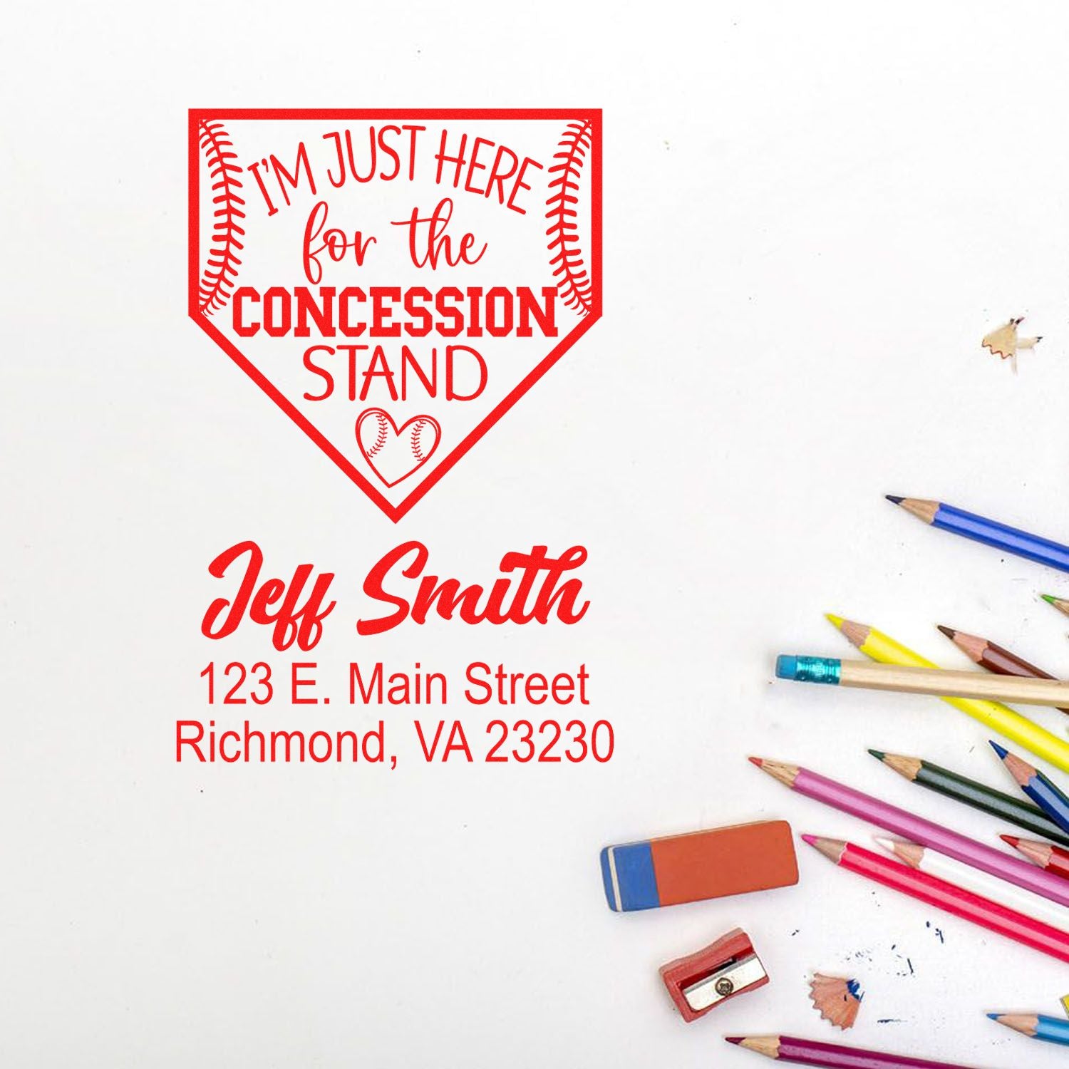 Personalized baseball concession stand return address rubber stamp for Jeff Smith, Richmond, VA.