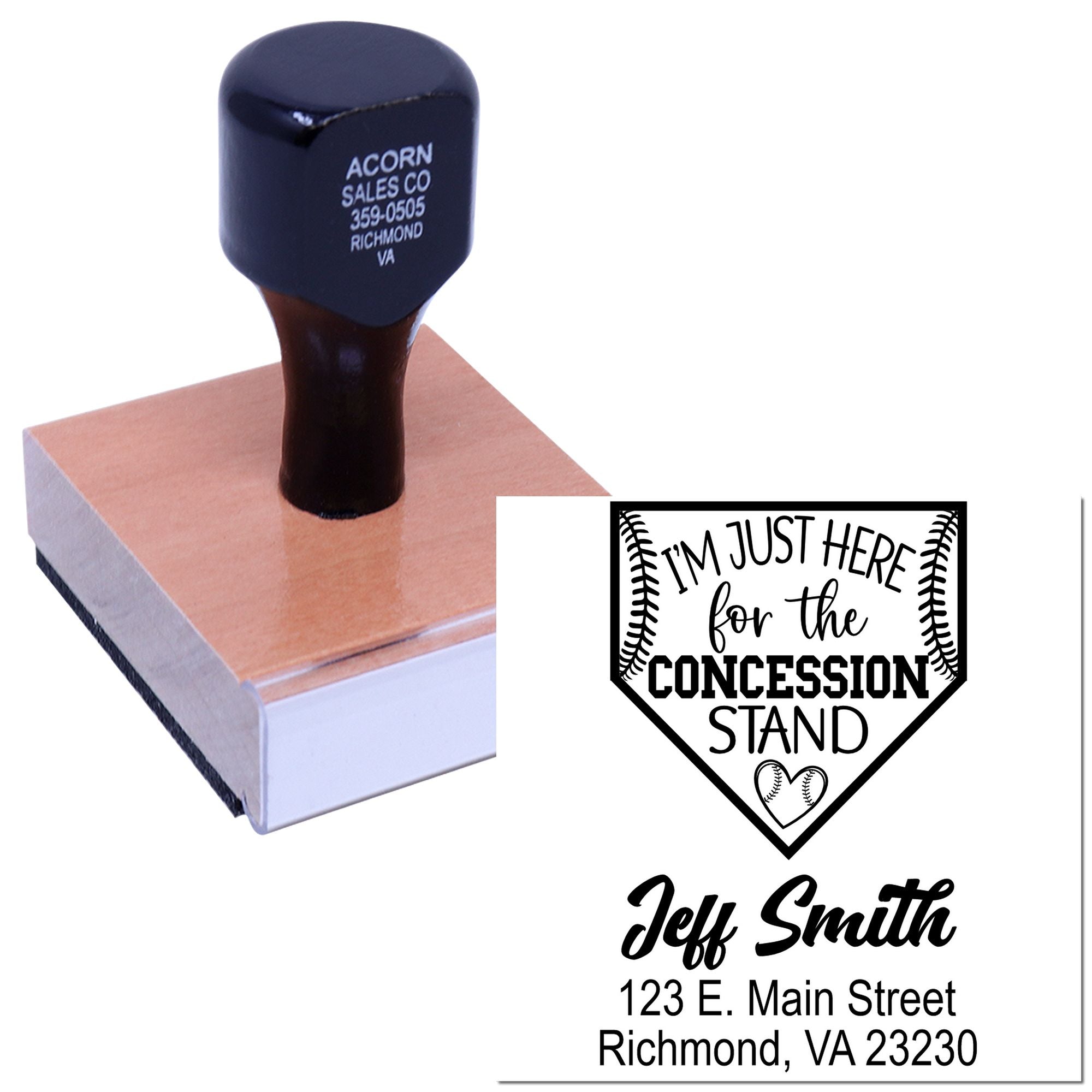 Personalized rubber stamp for baseball concession stand with custom business name and address imprint