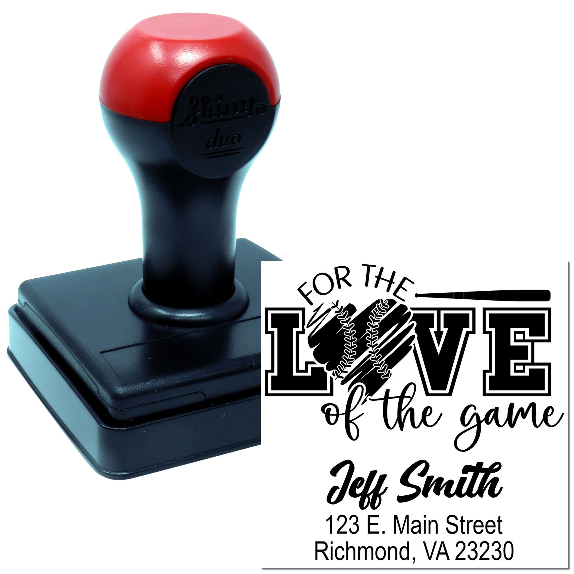 Personalized self-inking rubber stamp with baseball For the Love of the Game design, name, and address imprint.