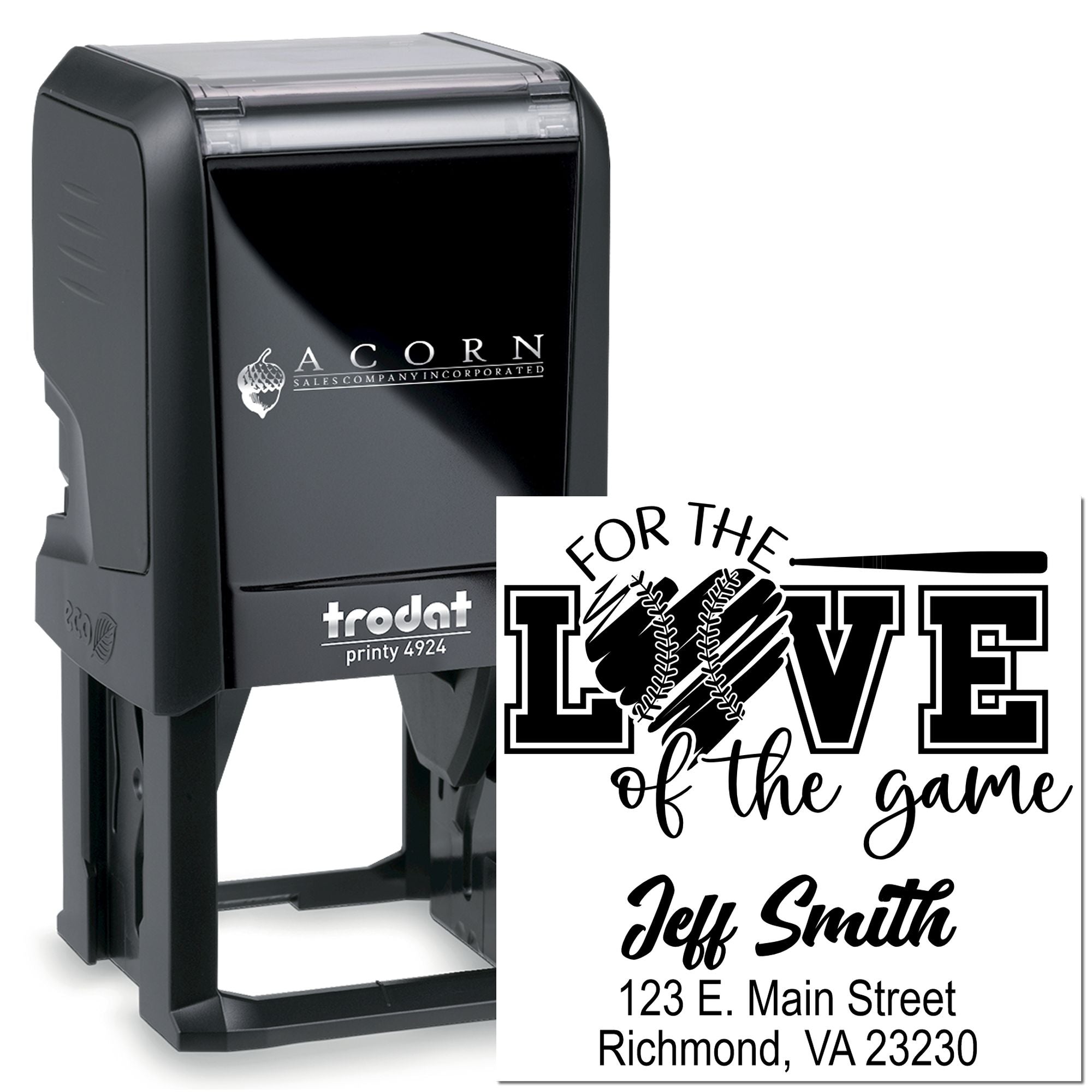 Custom self-inking rubber stamp with baseball heart logo, For the Love of the Game text, name, and Richmond, VA address.