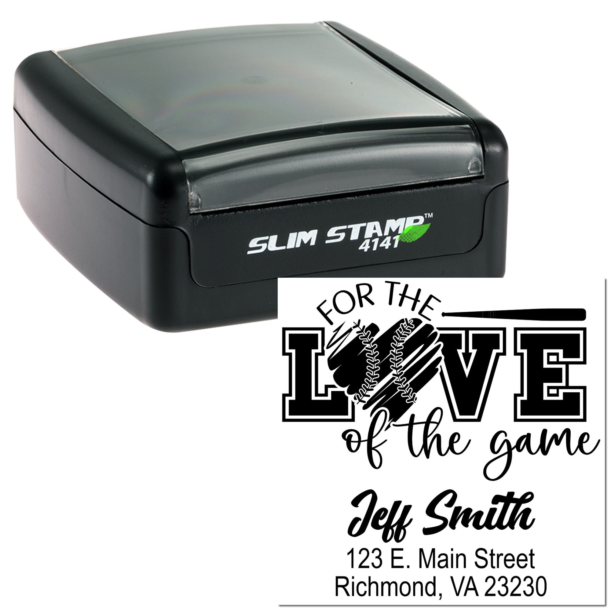Custom self-inking rubber stamp with baseball love design and return address, ideal for personalized sports-themed address stamping.