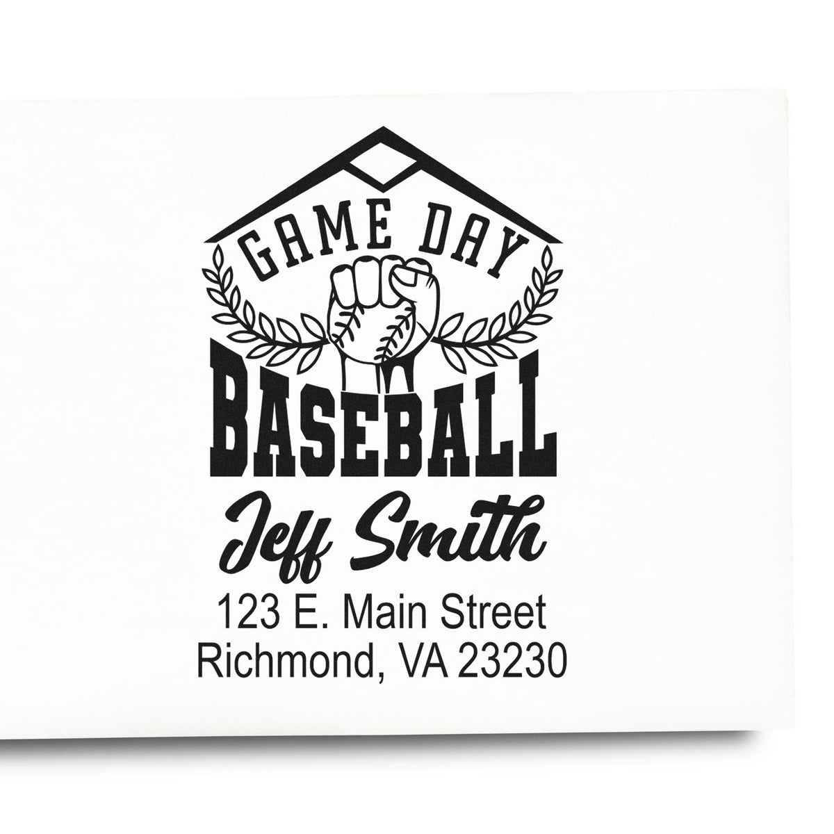 Custom Game Day Baseball rubber stamp with personalized name, return address, and sports logo for mailing.