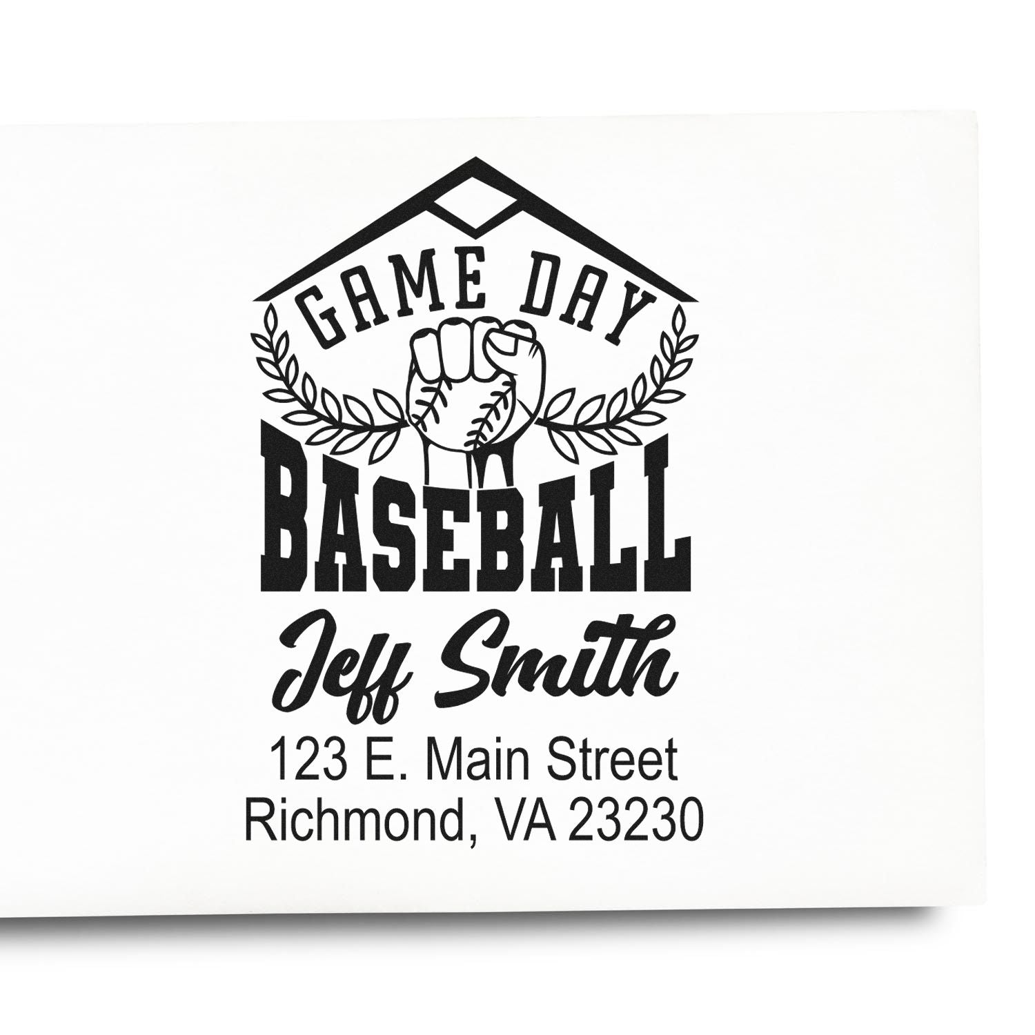 Custom Game Day Baseball rubber stamp with Jeff Smith name and Richmond, VA return address for sports mailing.